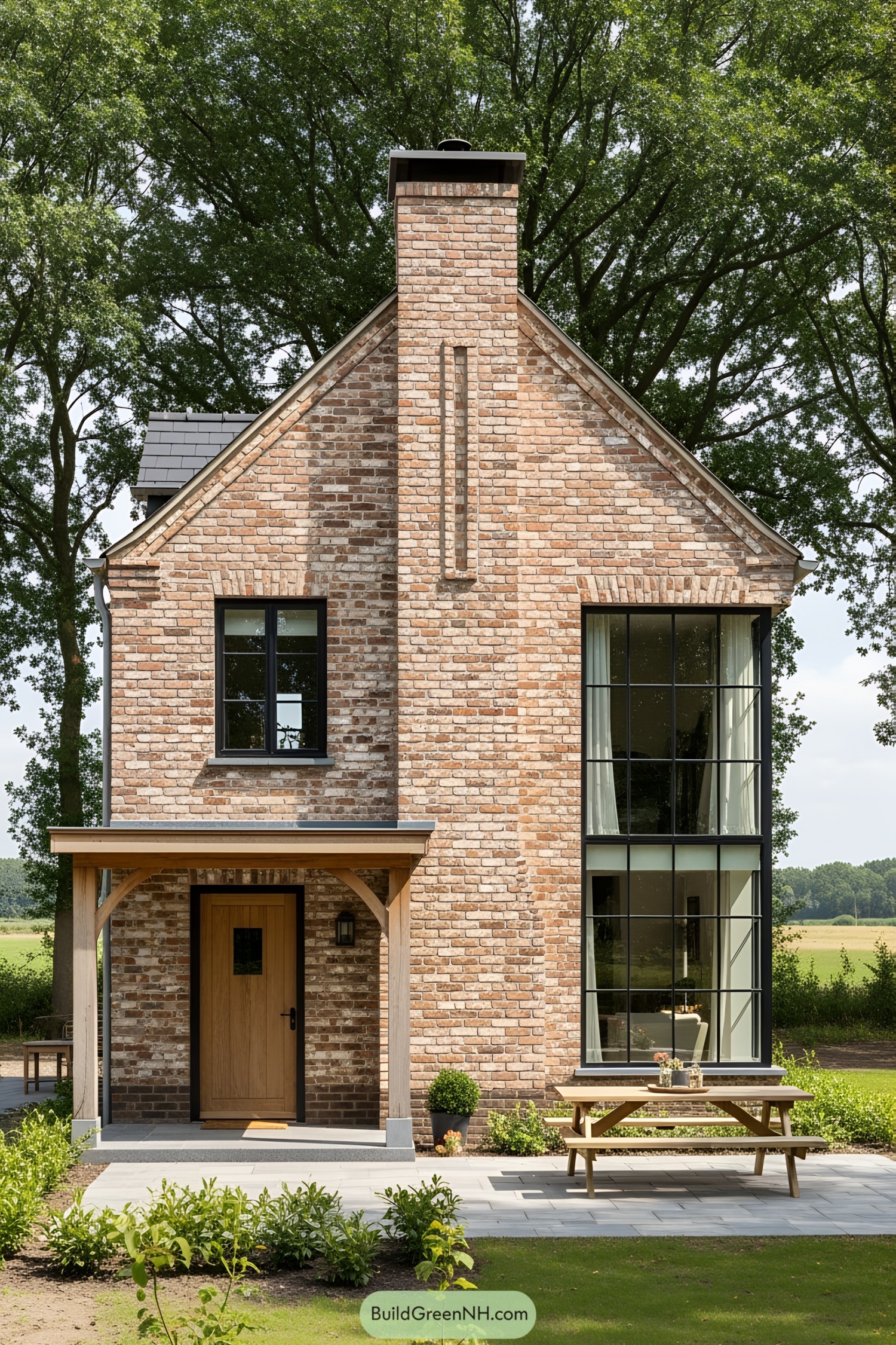 Cozy brick house with large windows and wooden door