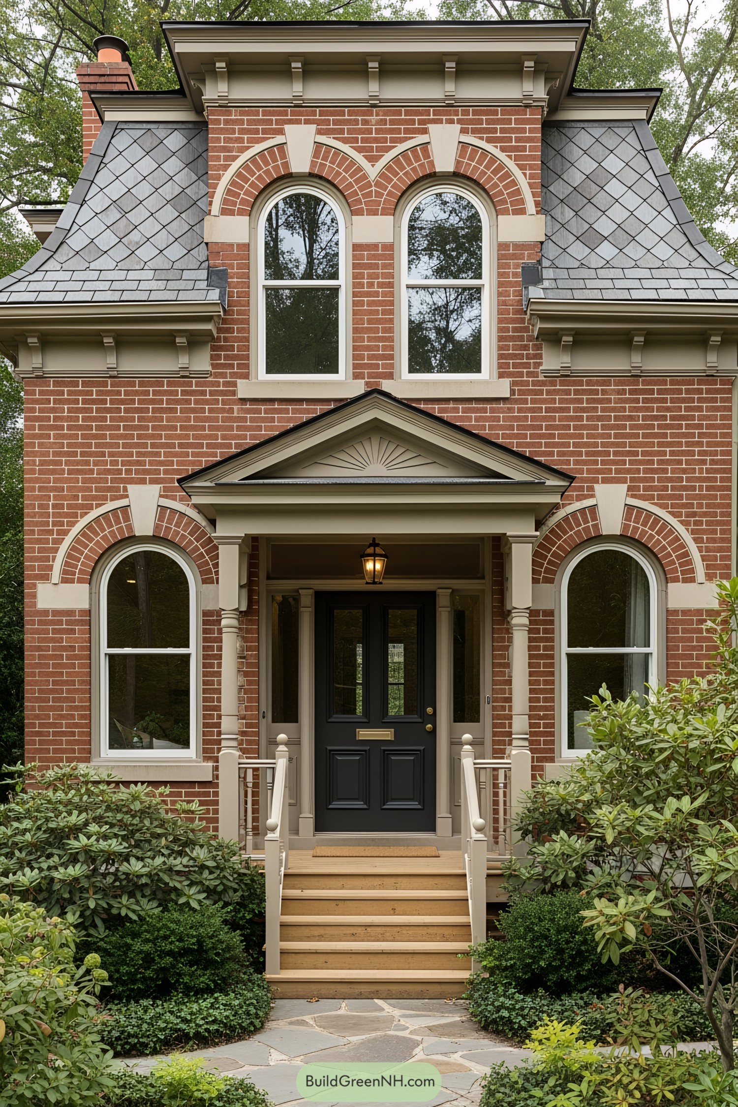 Brick house with arched windows and lush surroundings