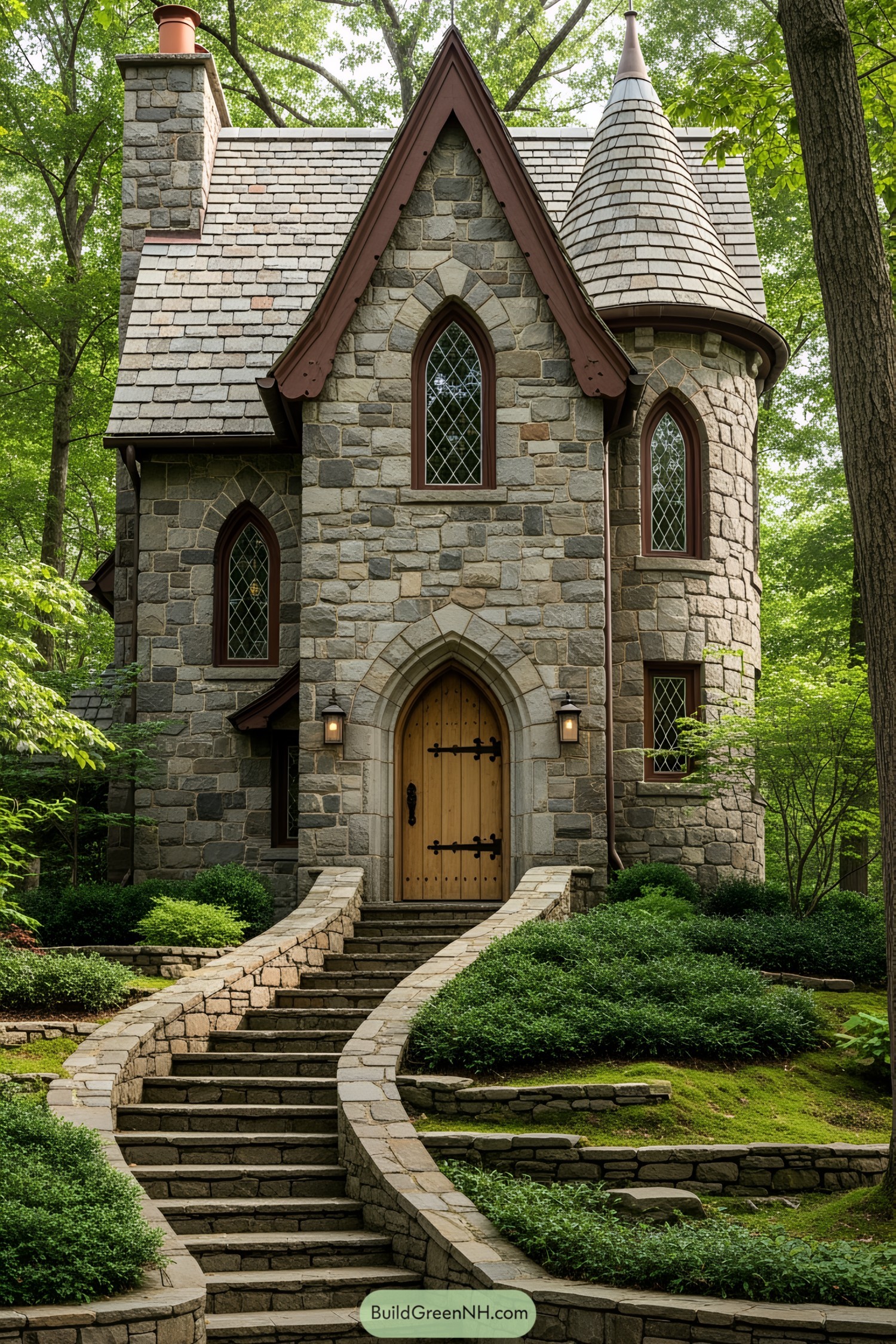 Charming stone house with a whimsical turret and gothic door
