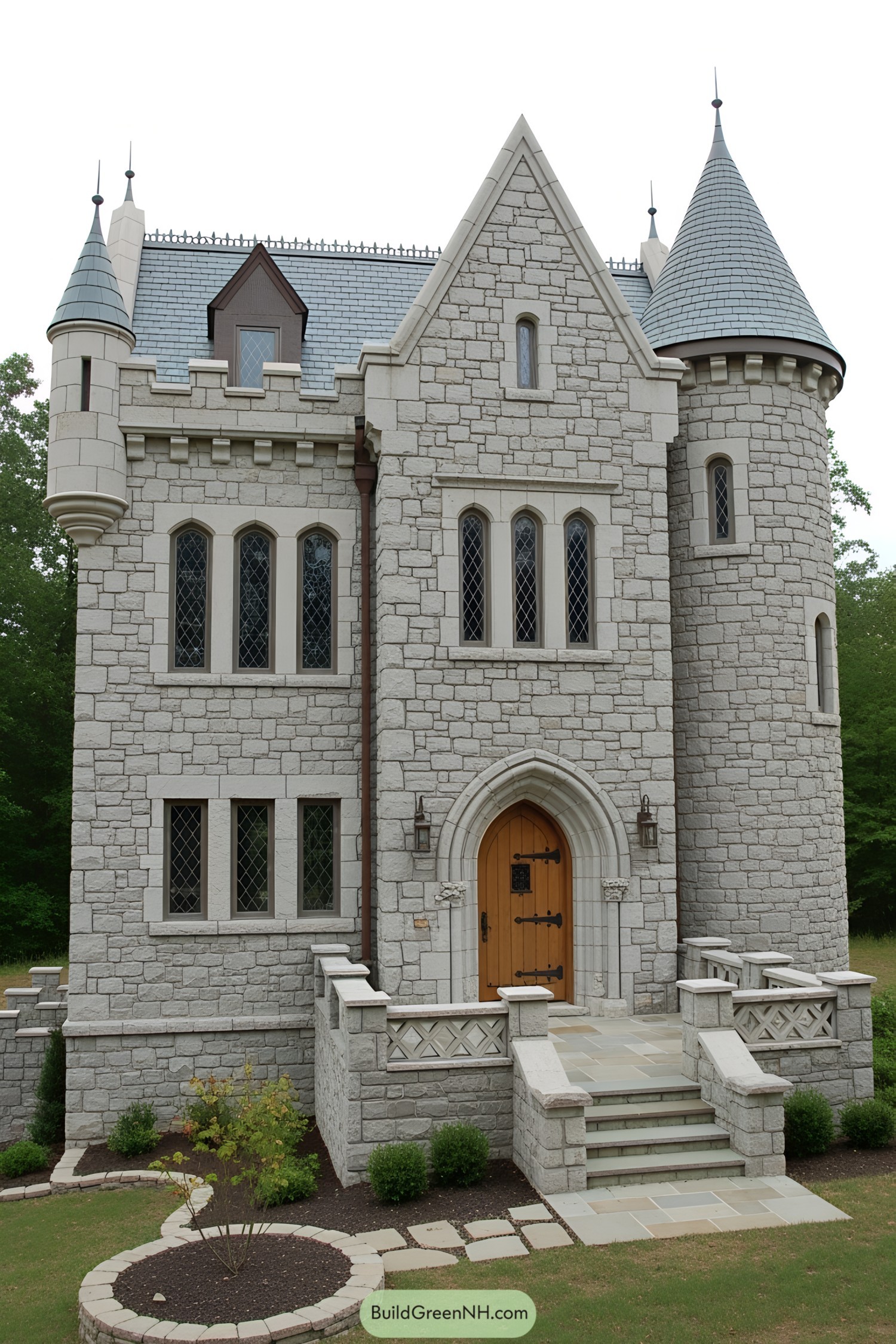 A small stone castle with turrets and arched windows