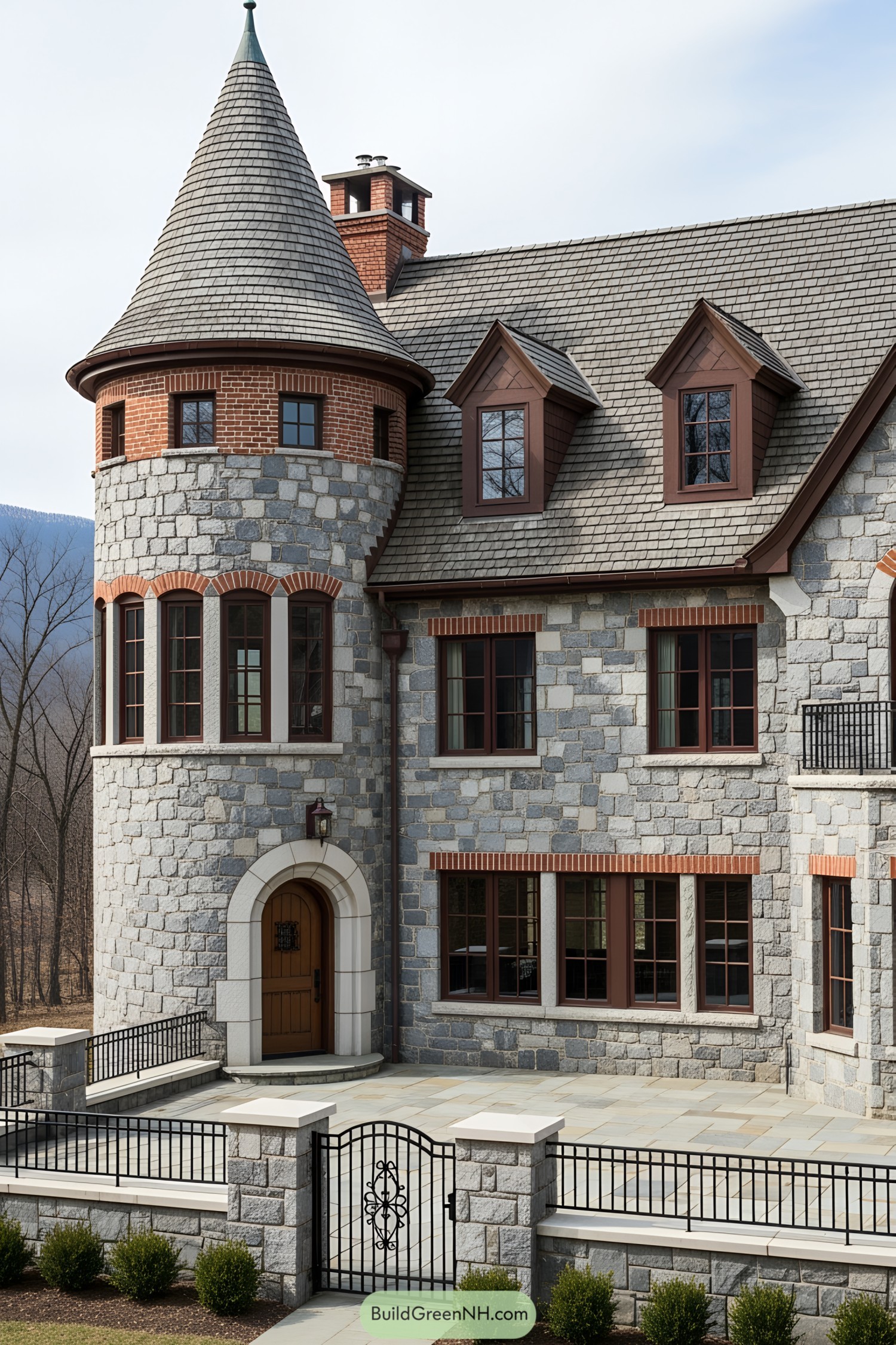 Small stone castle with turret and detailed windows