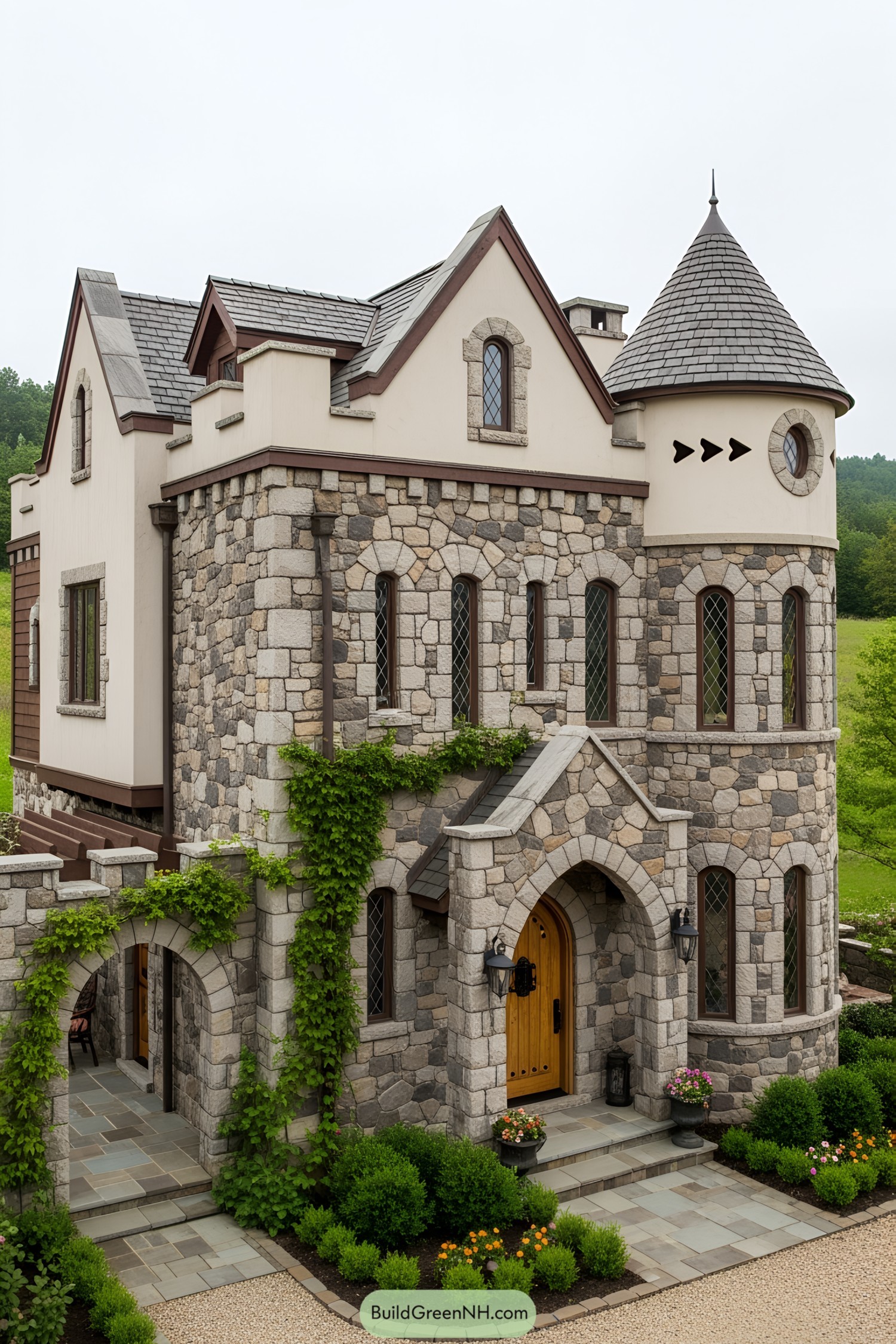 Compact stone castle with turret and arched entrance
