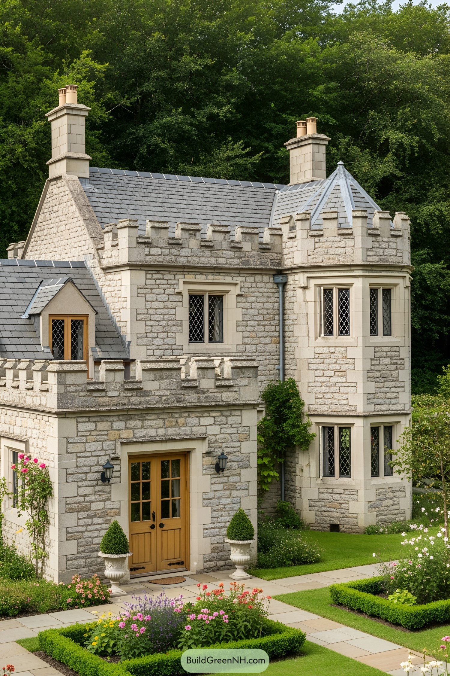 Miniature castle house with stone walls and lush garden