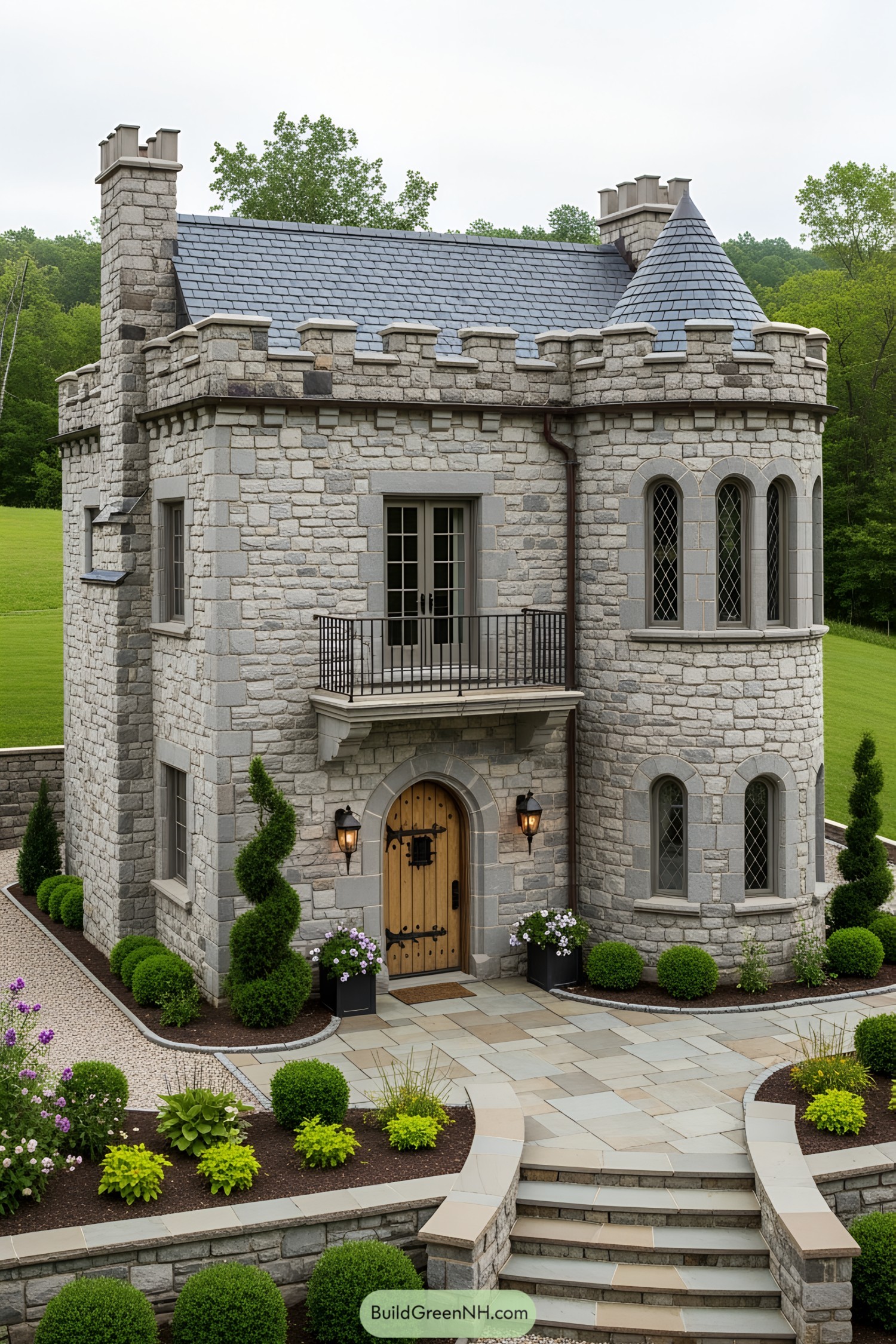 Cozy stone castle with turret and arched entrance