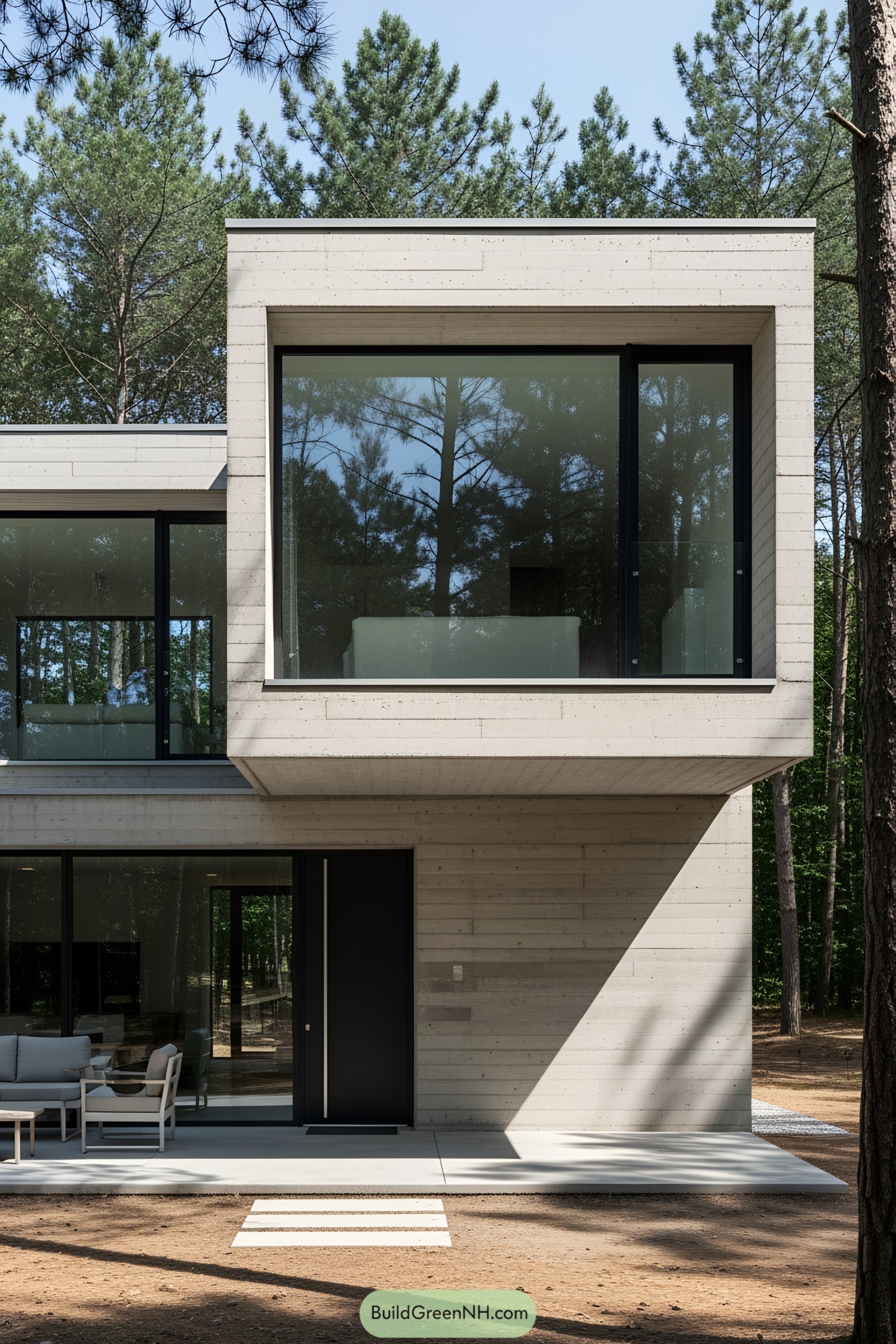 Compact concrete home with large windows in a forest