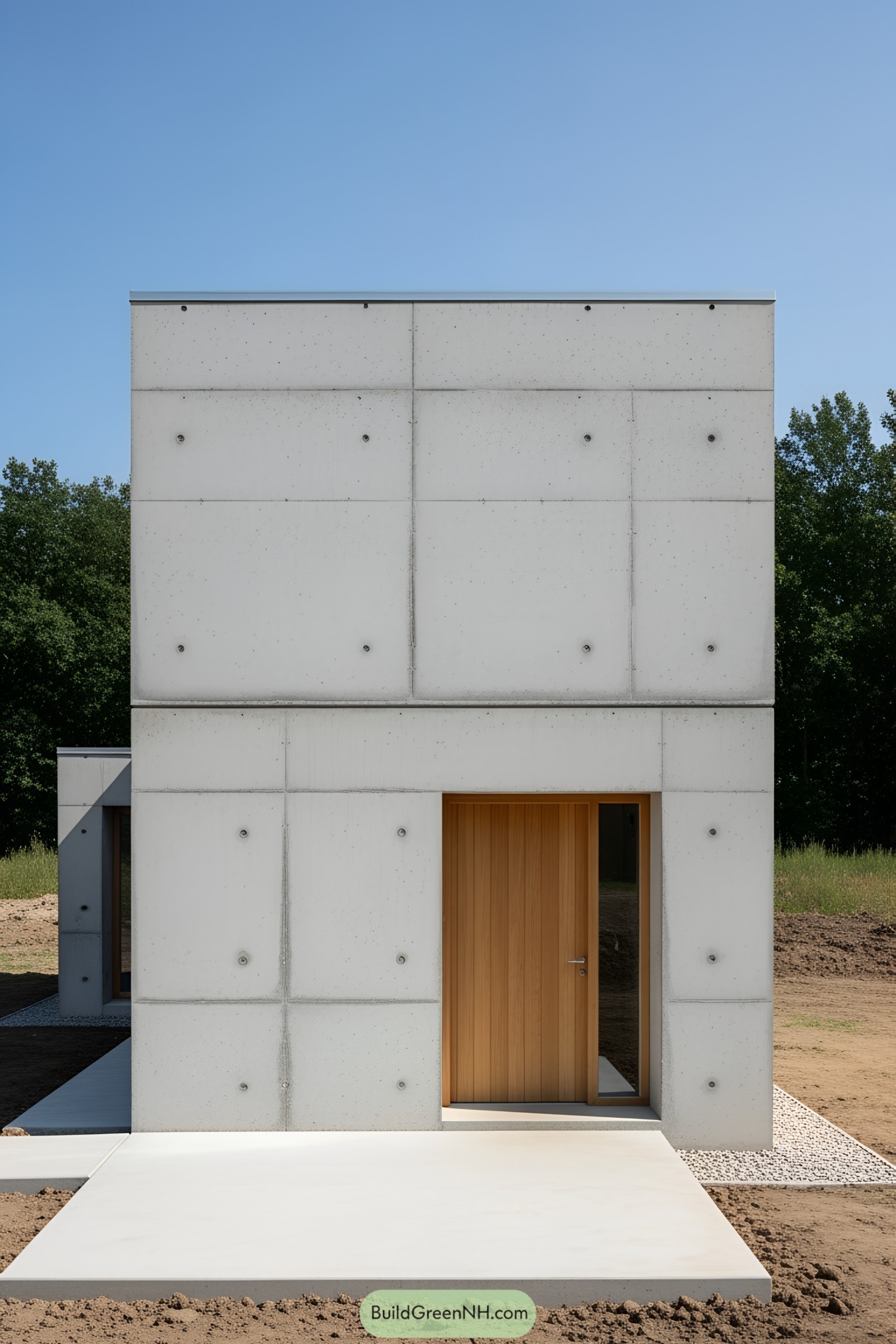Small concrete house with wooden door and geometric design