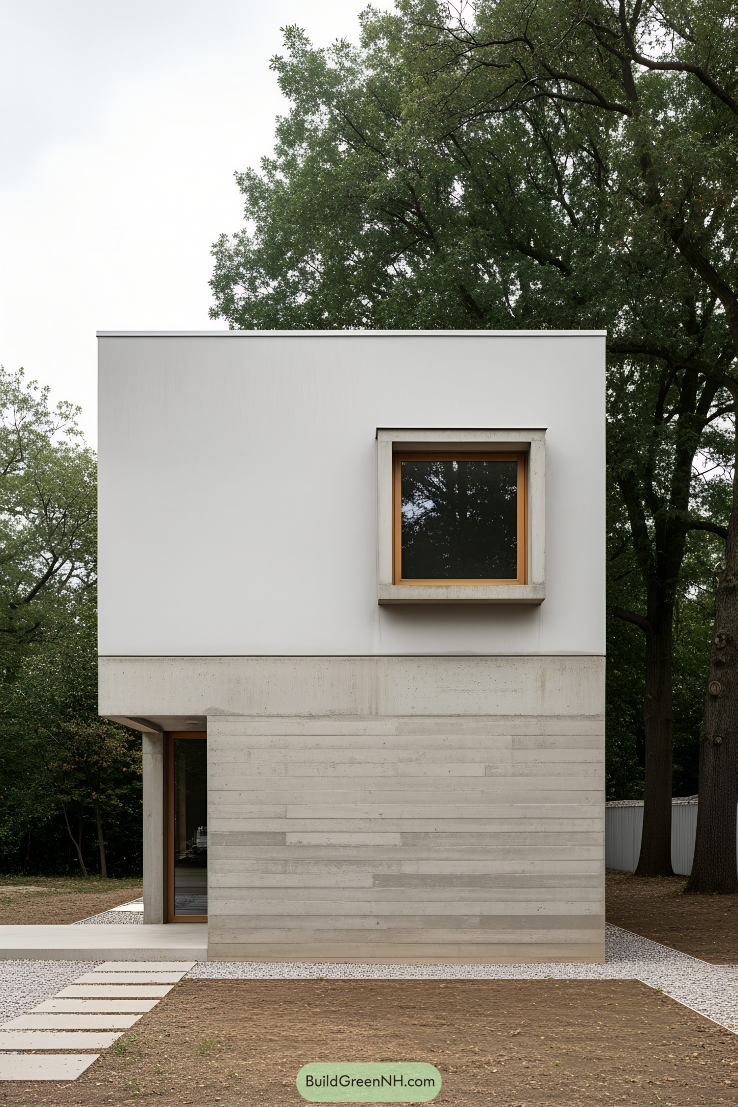 Modern concrete house with a large window set against a backdrop of lush trees