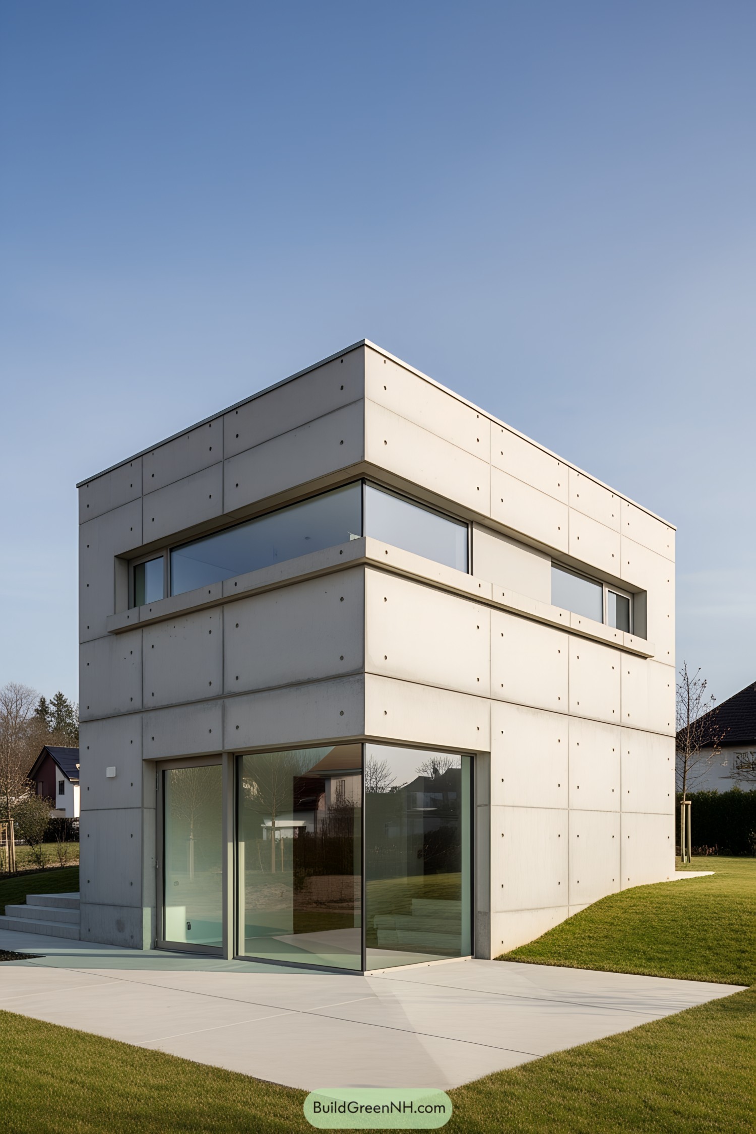 Modern concrete house with large windows and clean lines