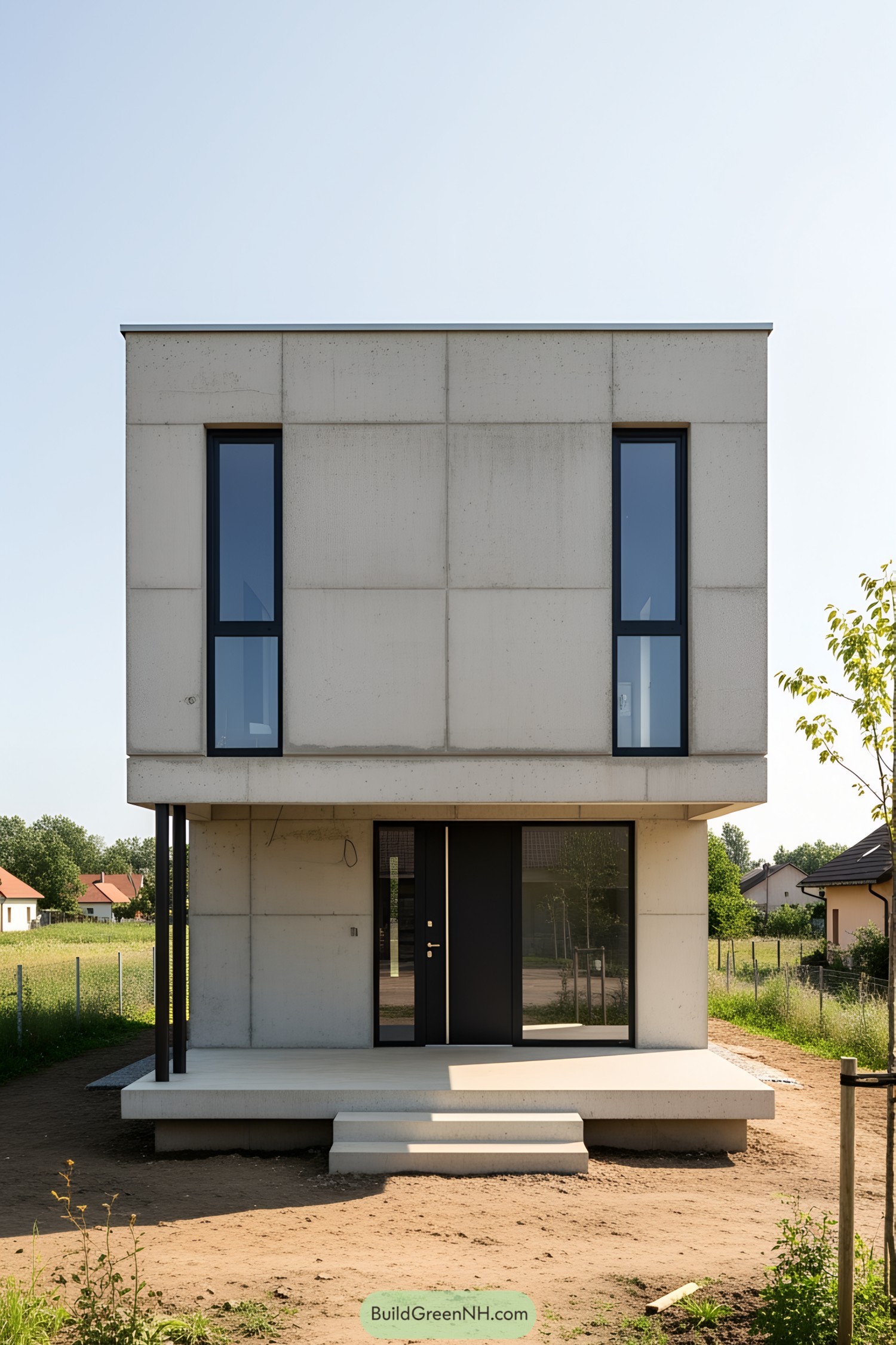 Small modern concrete house in a sunlit field