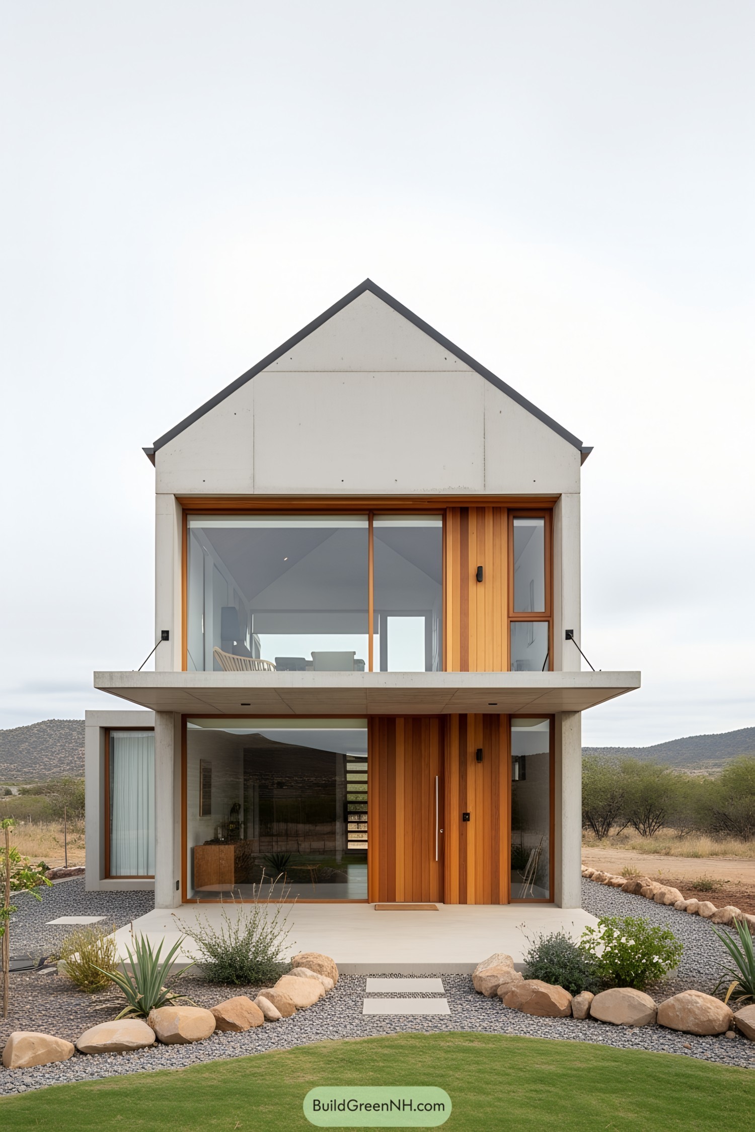 Modern two-story concrete house with large windows and wooden accents