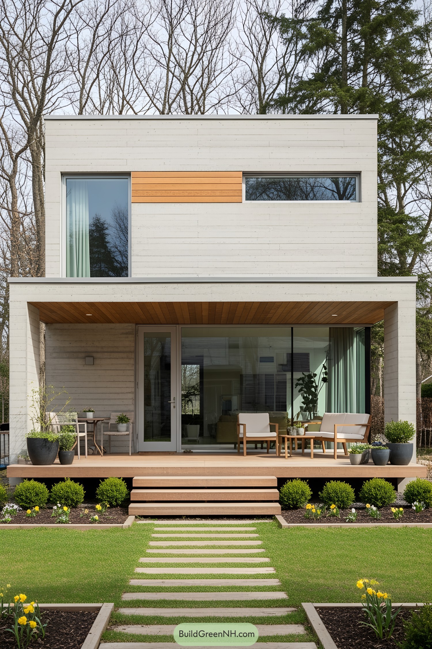 Modern concrete house with a minimalist design and a lush green garden