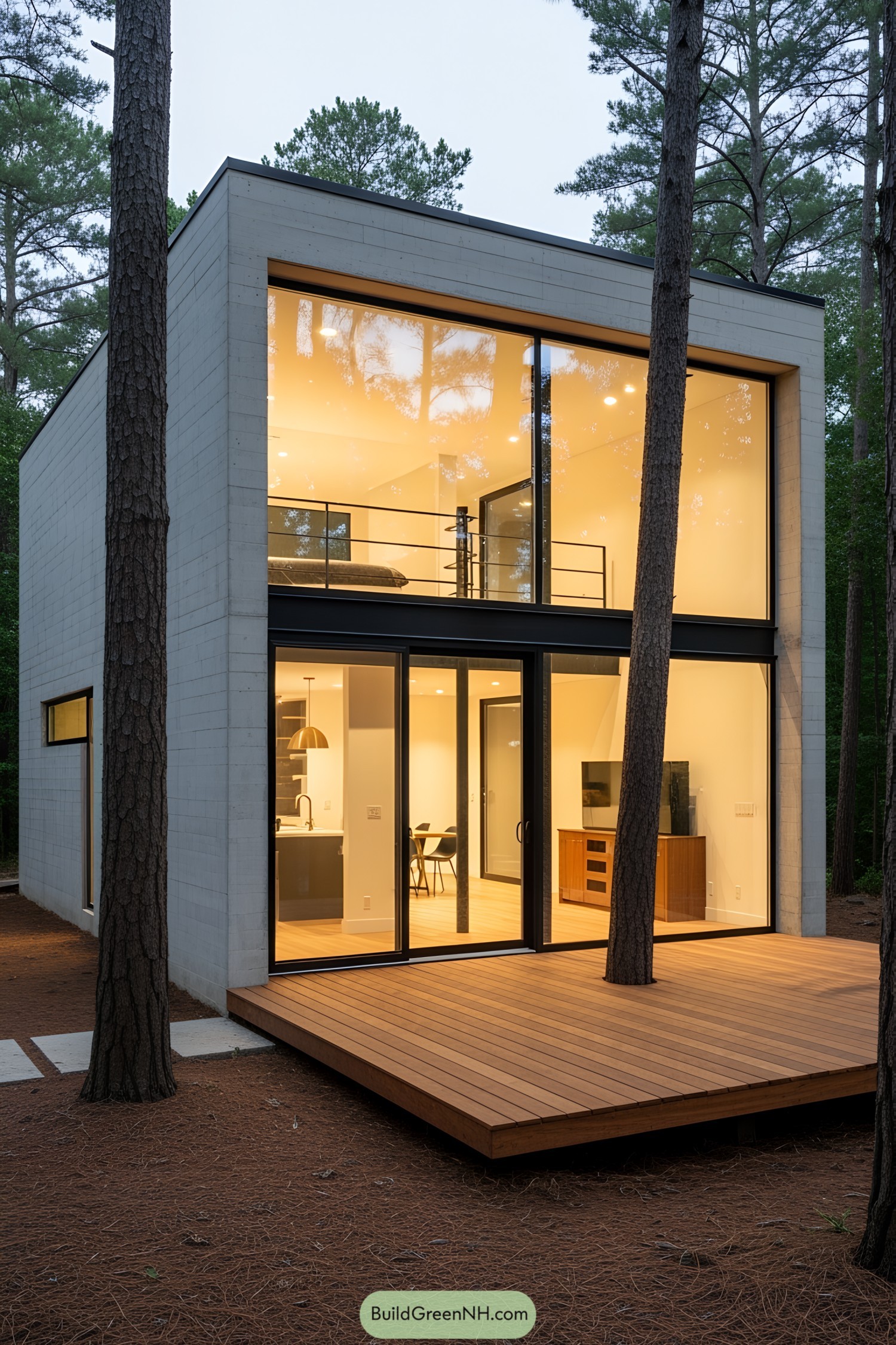 Modern small concrete house with large windows