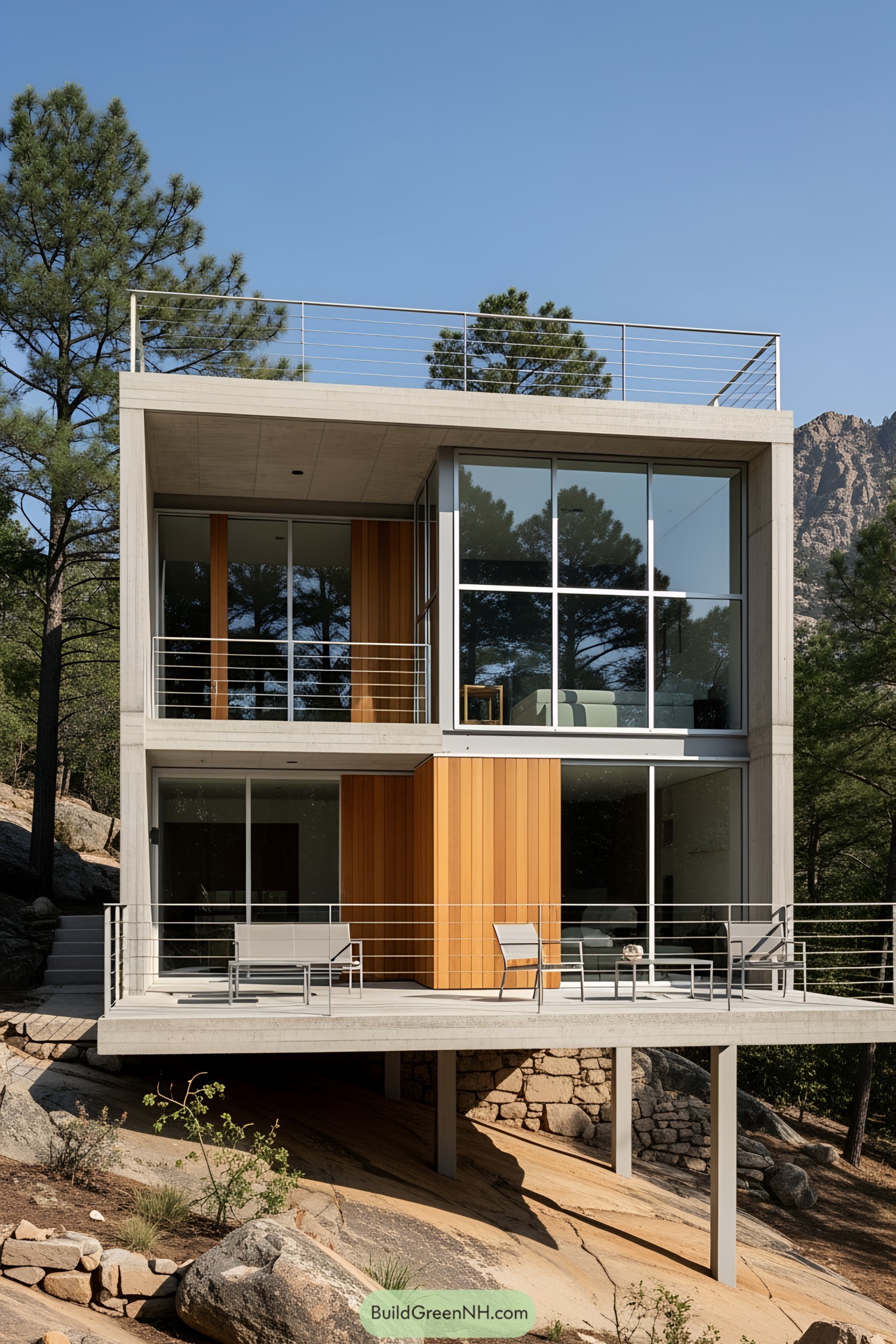 Modern concrete house surrounded by trees