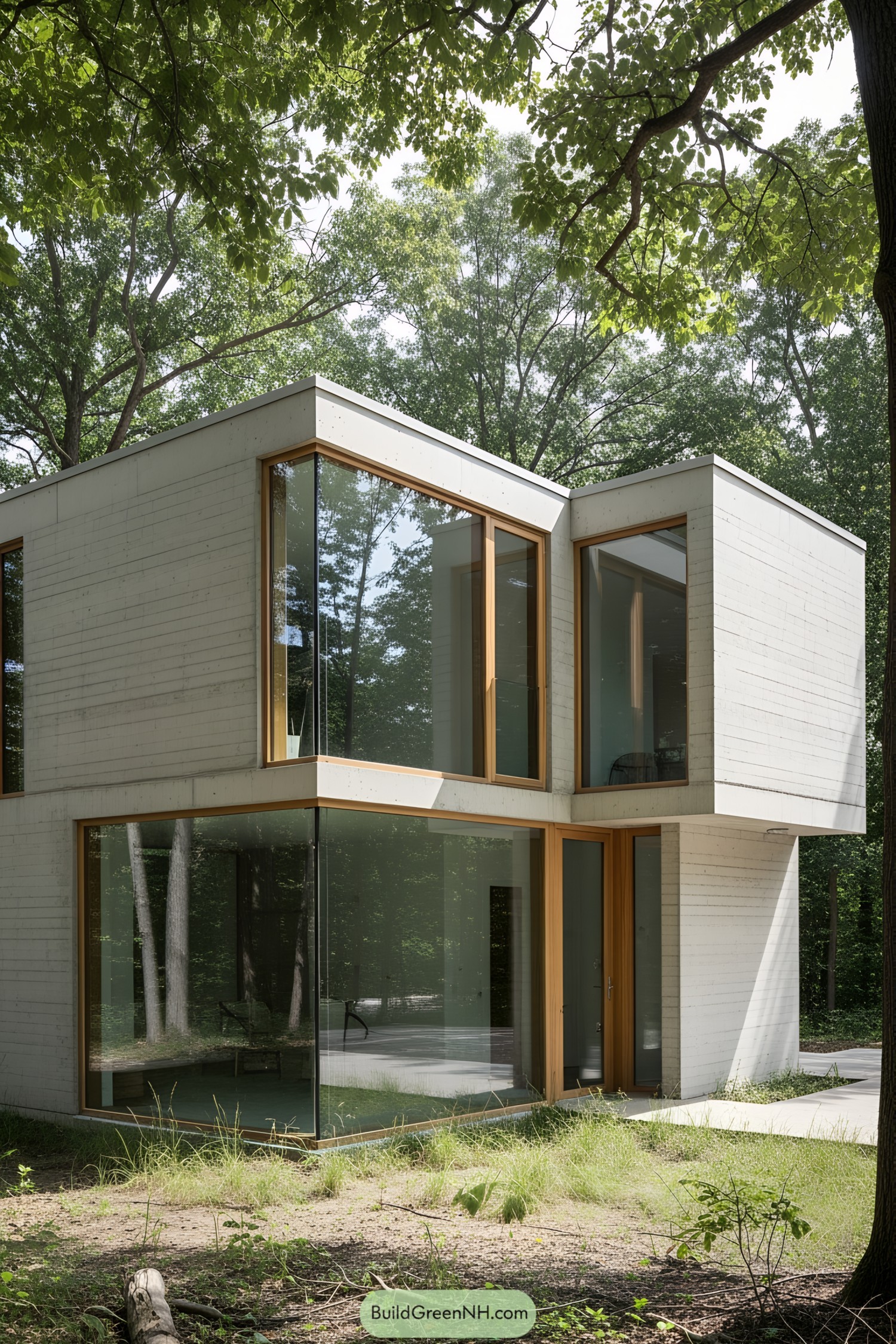 Small concrete house with large windows surrounded by trees