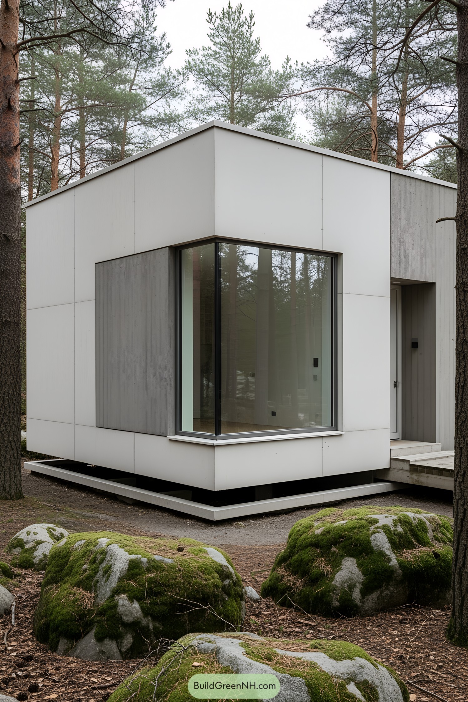 Small modern concrete house surrounded by mossy rocks and trees
