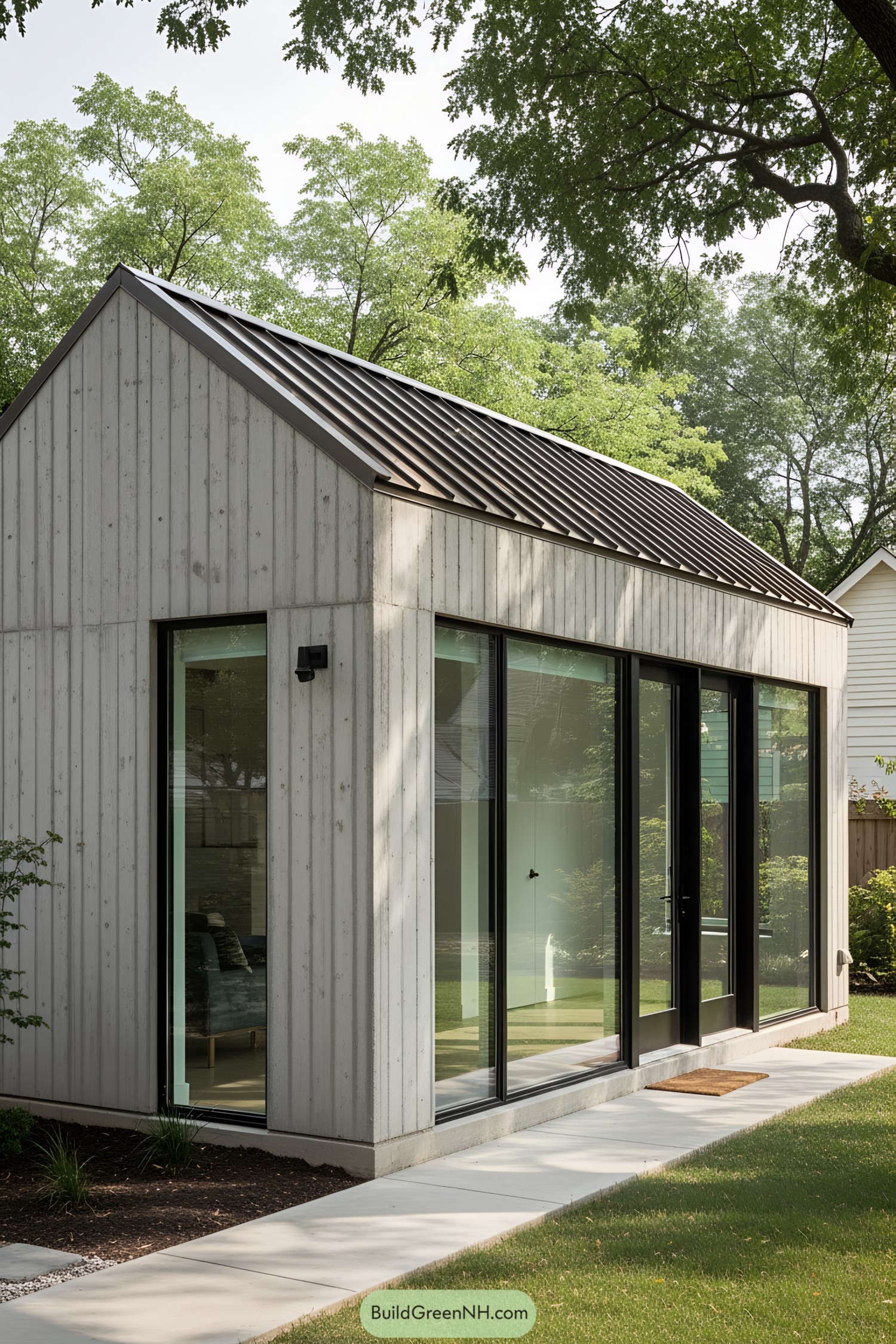 Compact concrete house with large windows surrounded by greenery