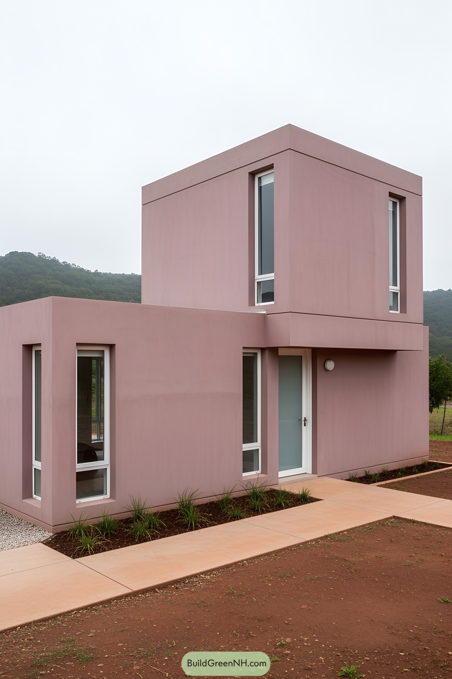 Modern small concrete house with large windows