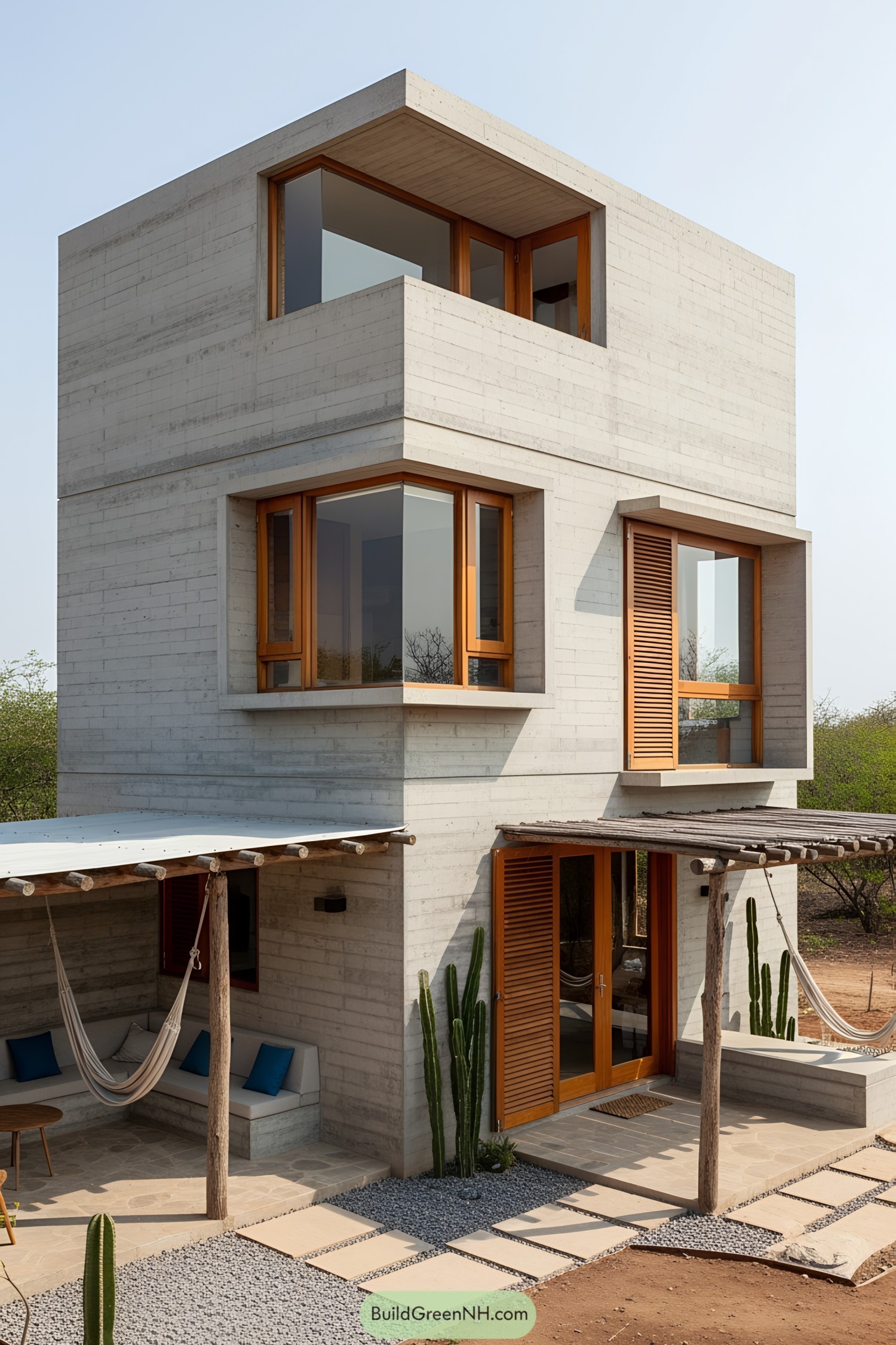 Compact concrete house with wooden accents and outdoor seating