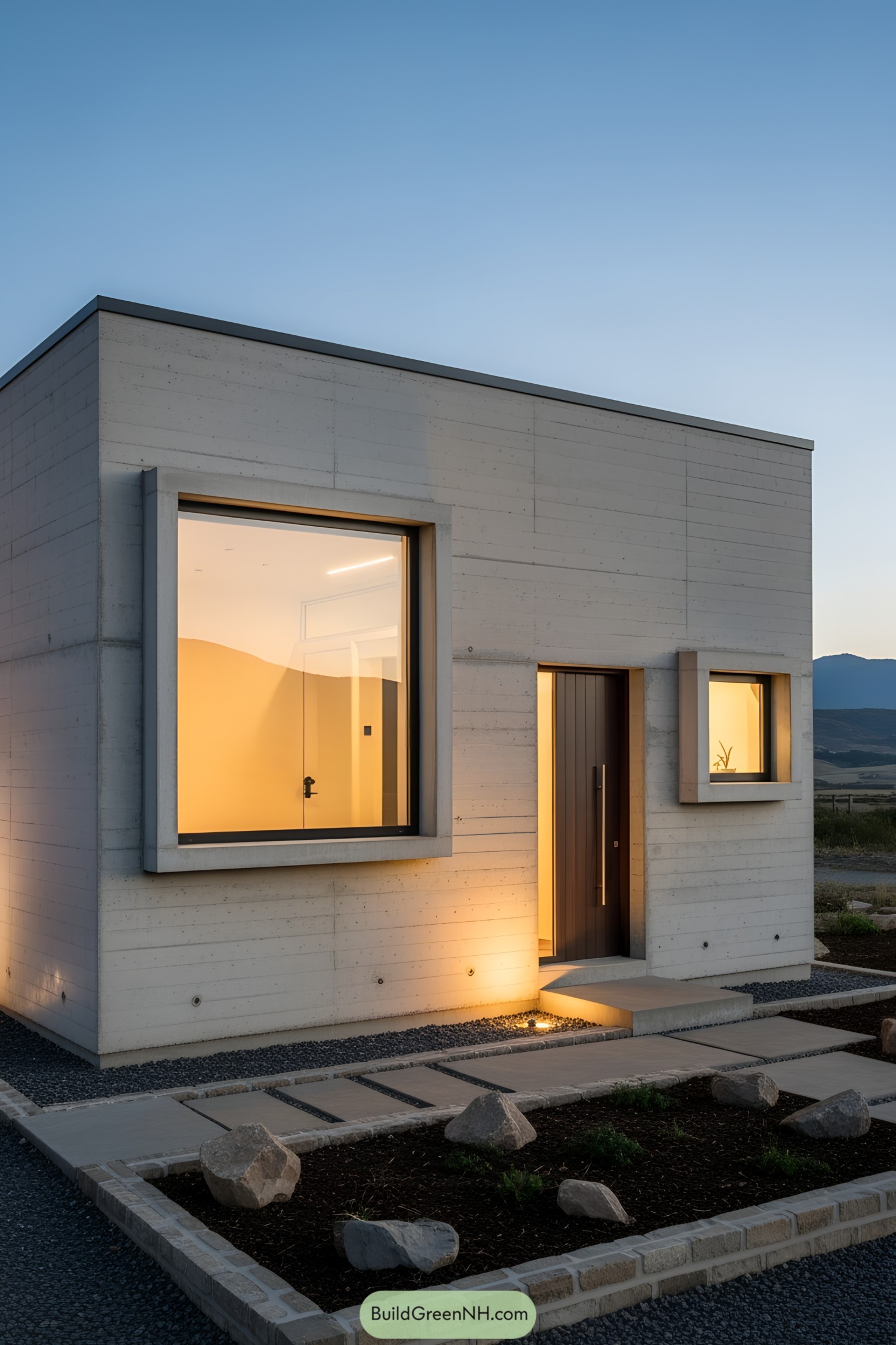 Small modern concrete house with large windows