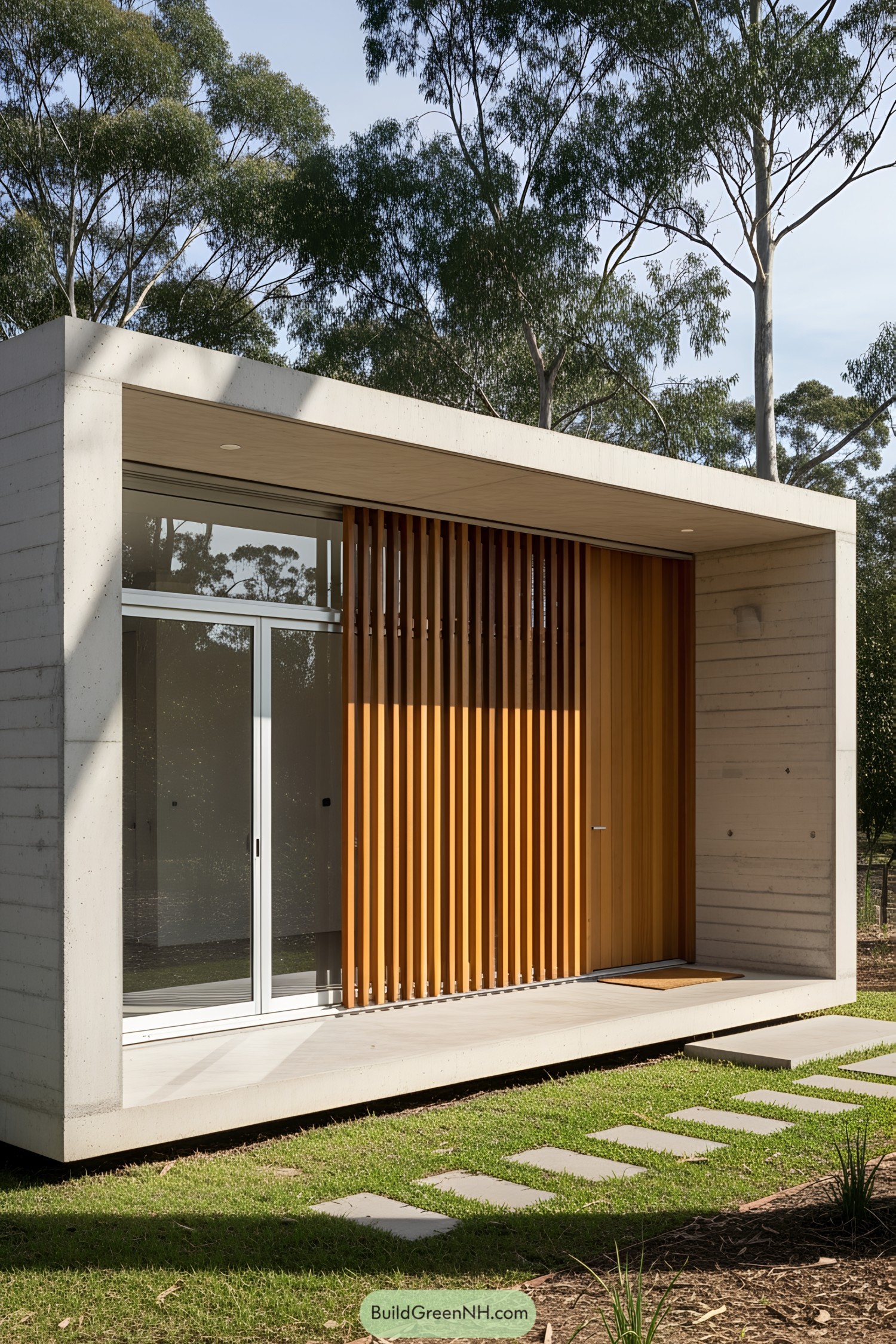 Small concrete house with wooden slats and large glass doors
