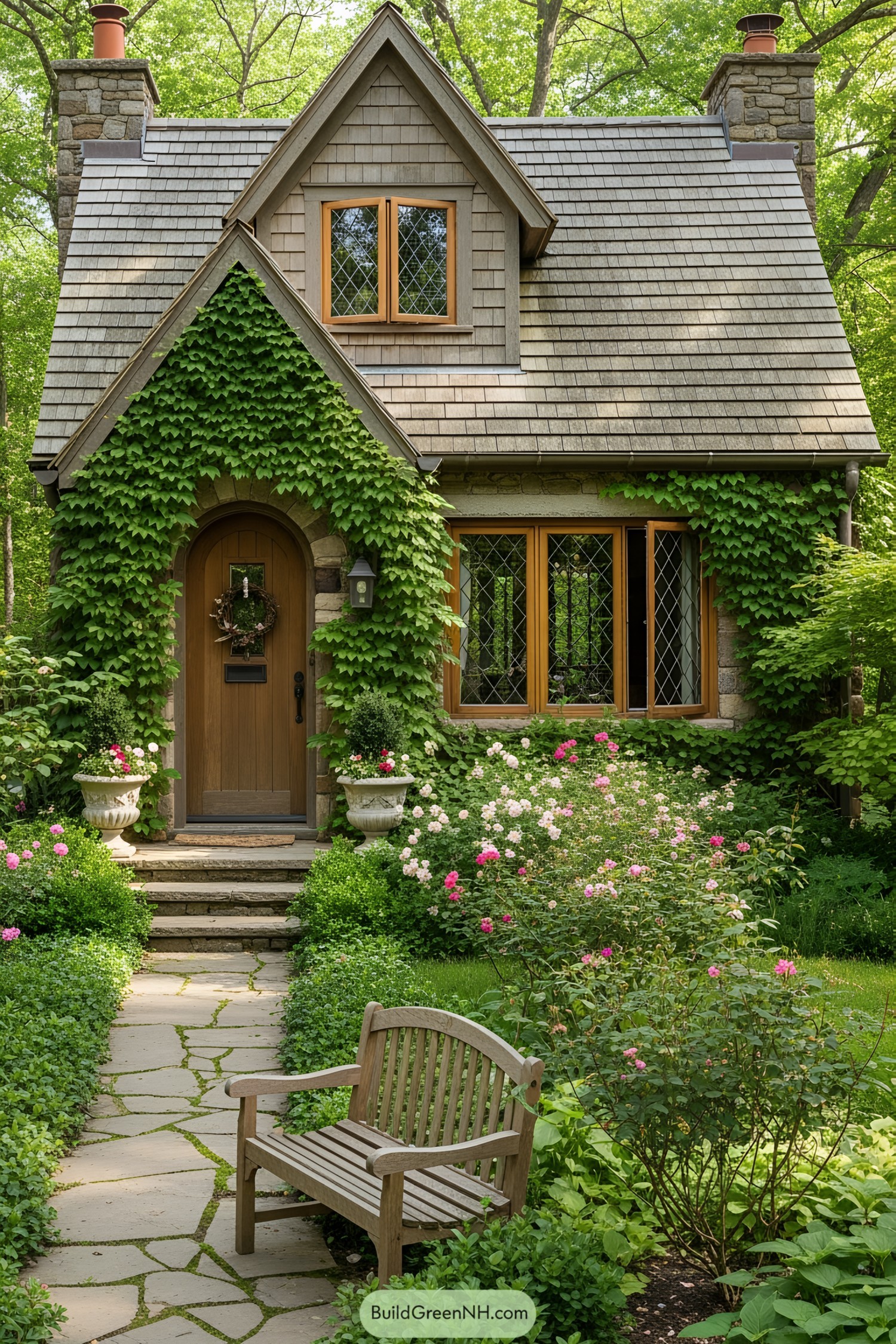 Charming cottage with ivy-covered facade and blooming garden