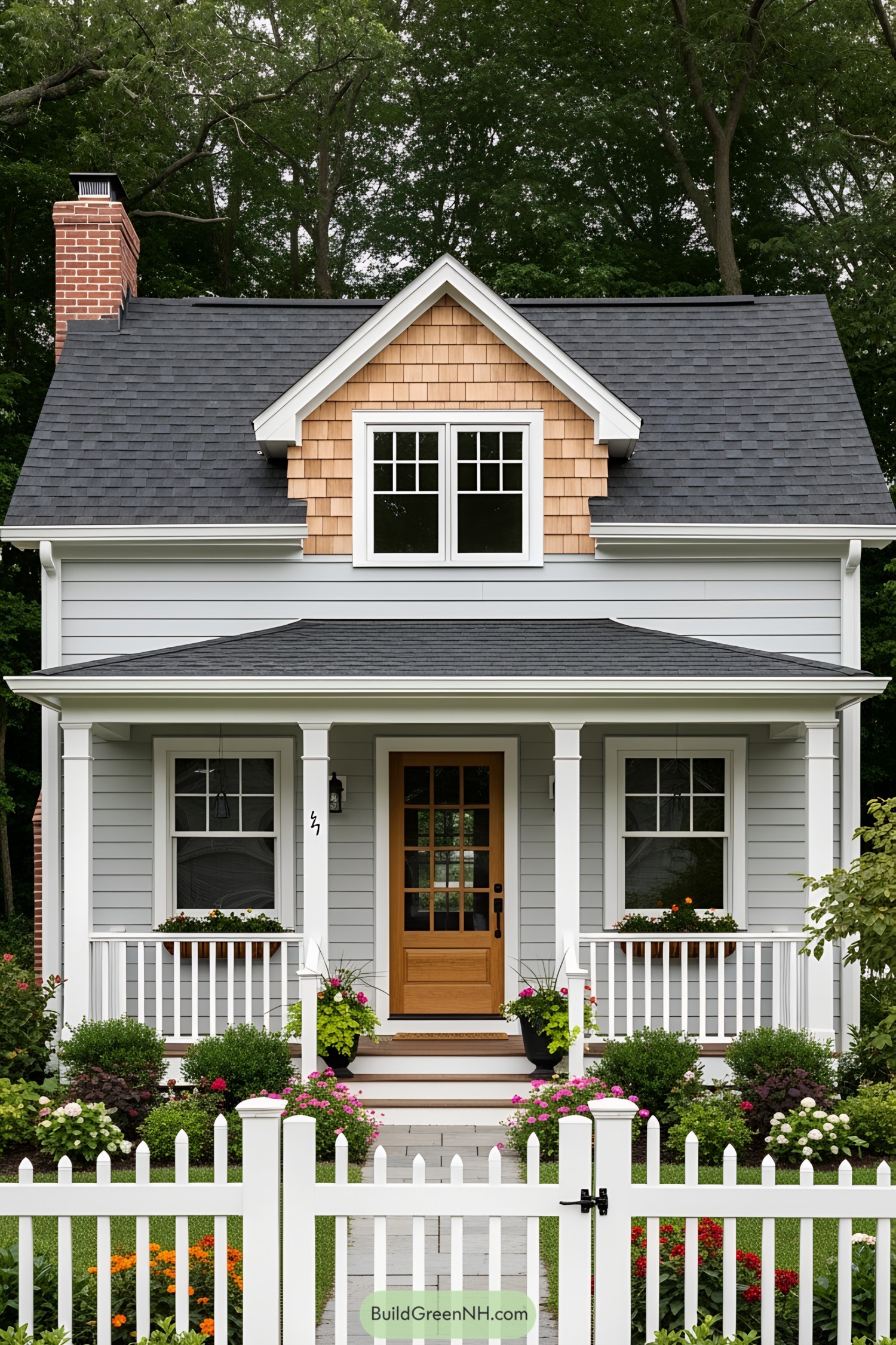 Small gray cottage with wooden door and charming garden