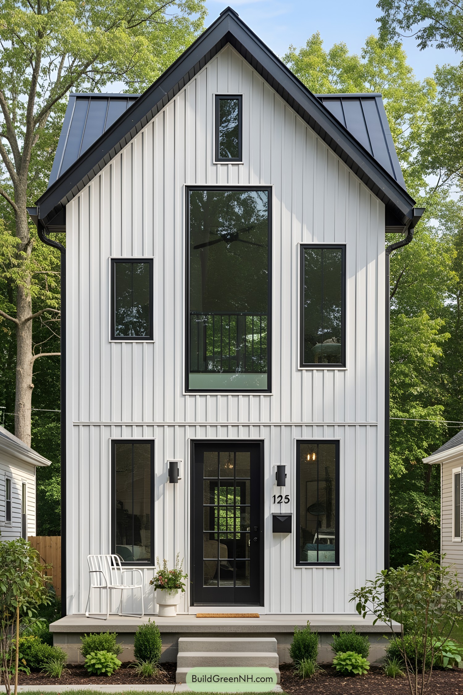 Compact white cottage with large windows surrounded by greenery