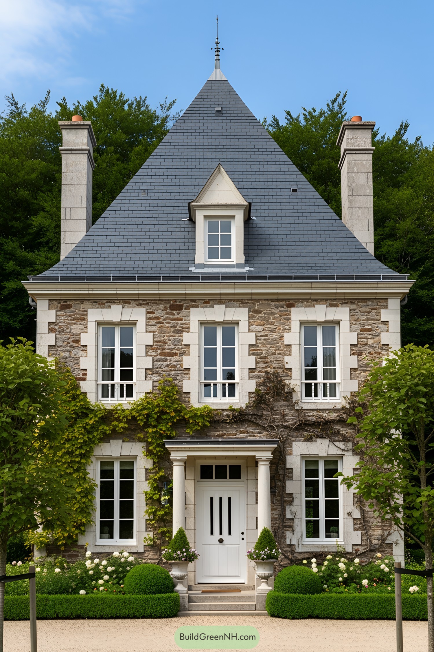 Elegant stone cottage with steep roof and lush greenery