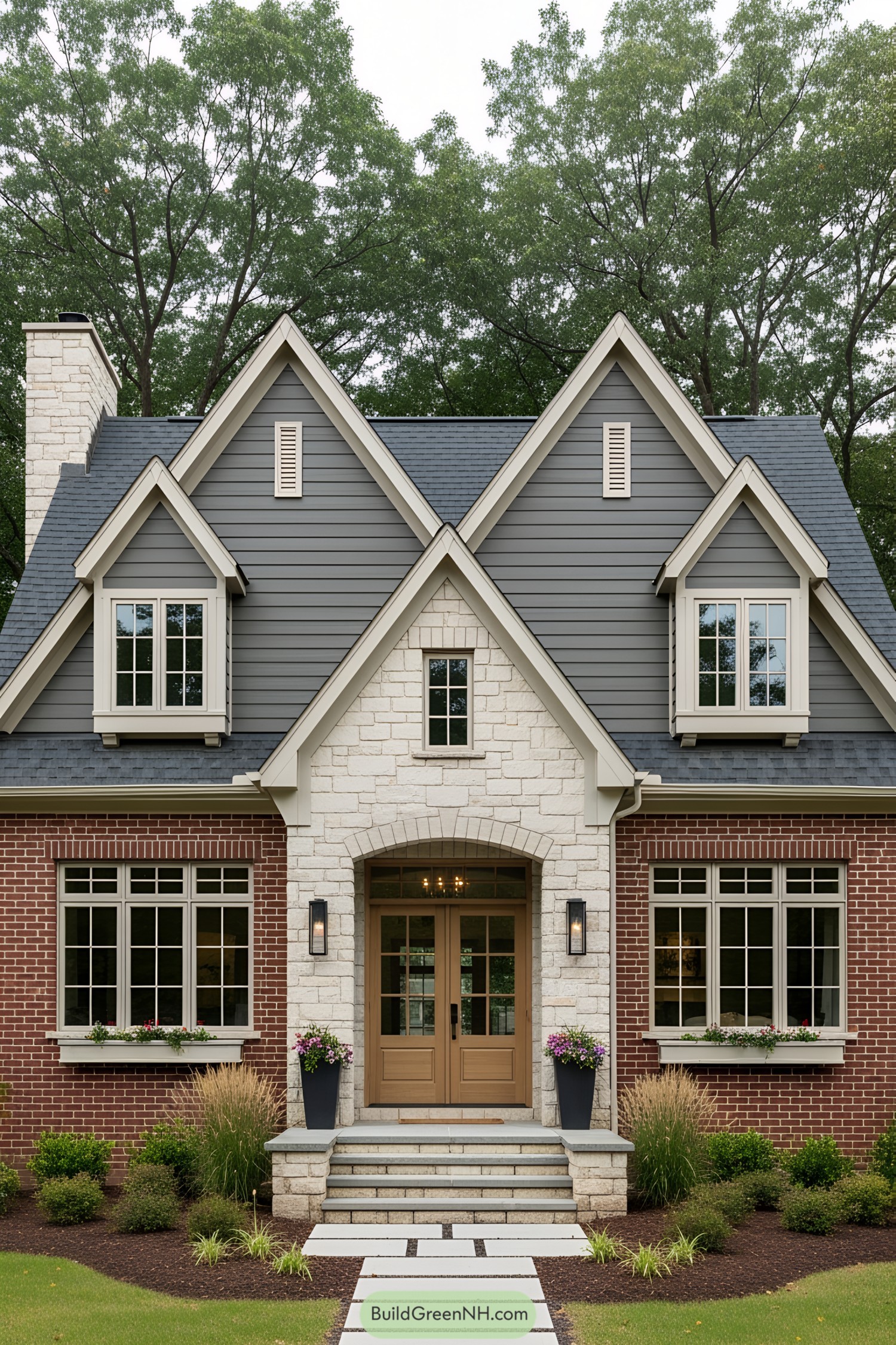 Cottage with brick base and wood upper façade