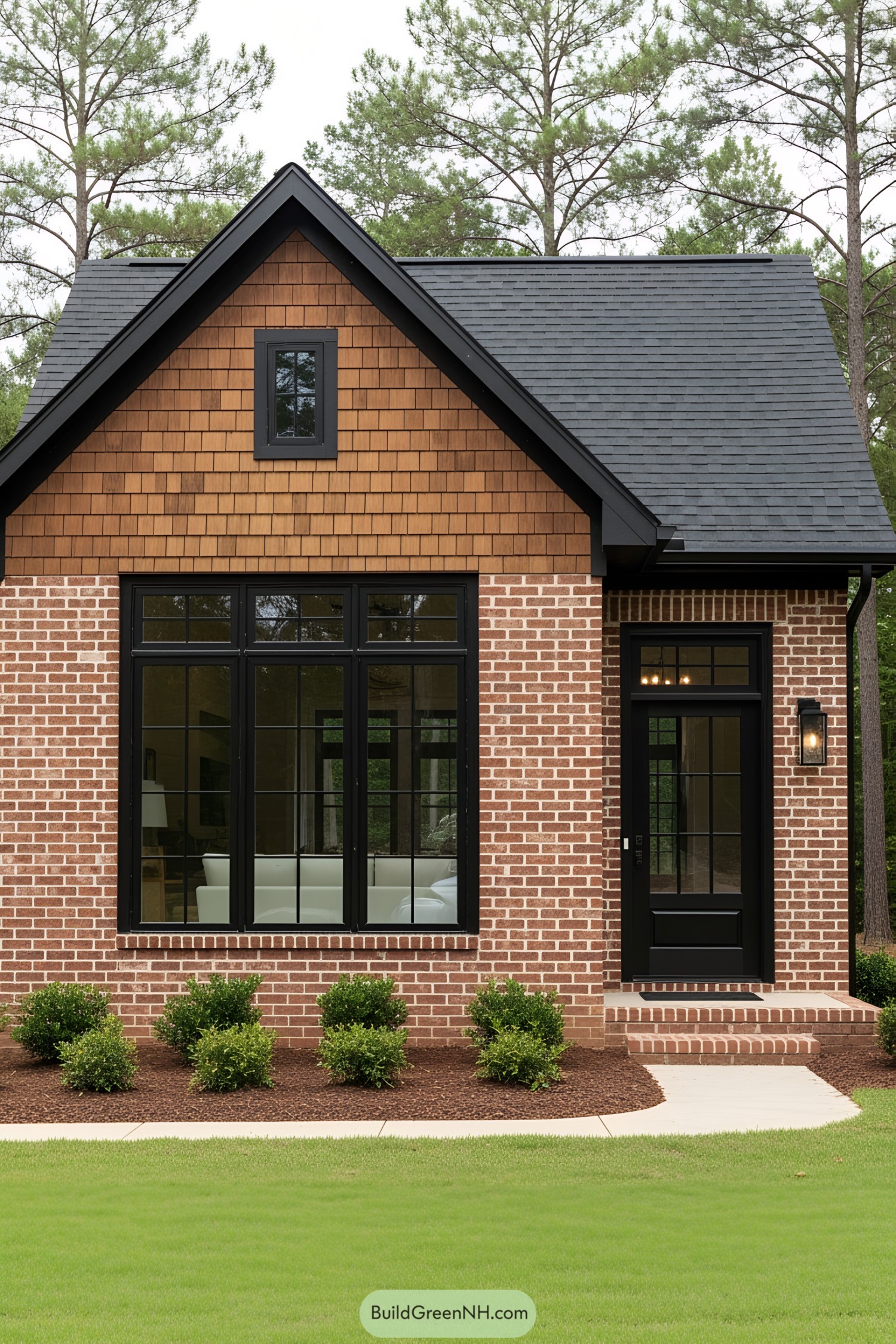 Cozy cottage with brick and wood facade surrounded by trees