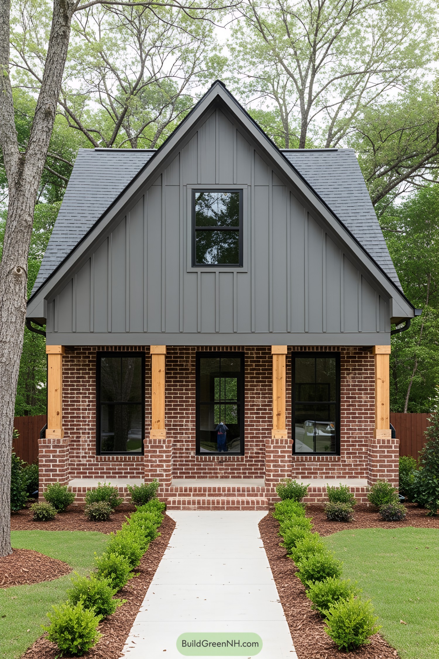Cottage with brick base and wooden upper section