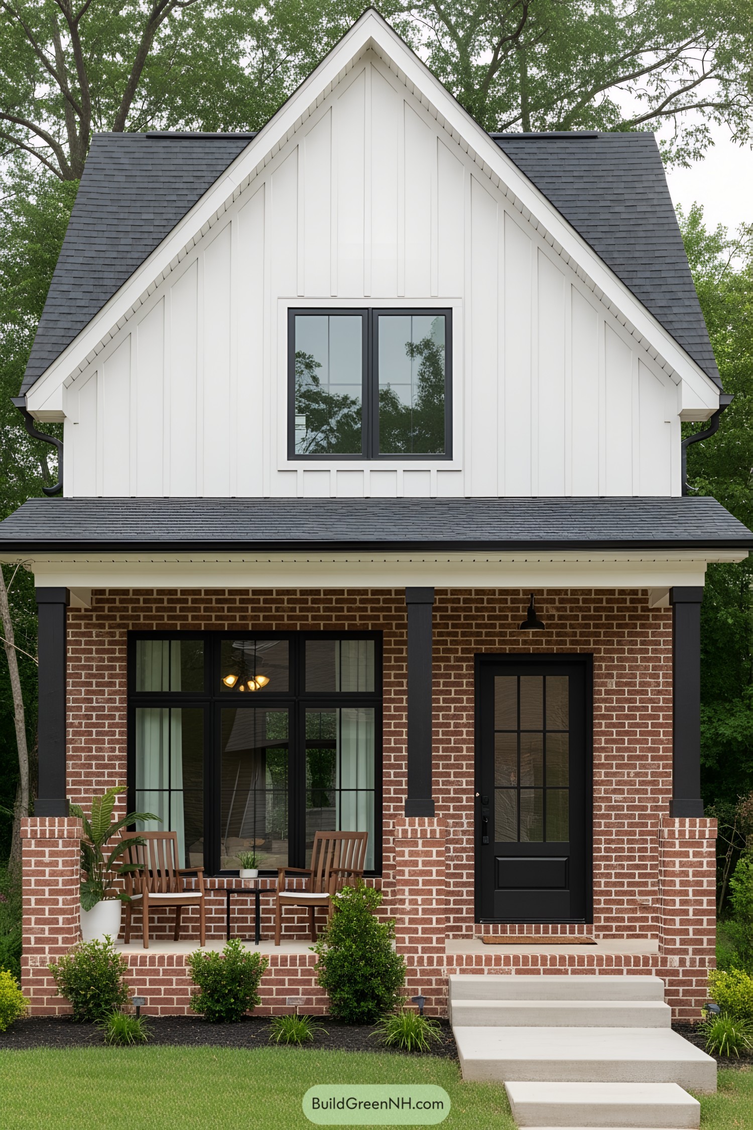 Small cottage with brick and wood siding