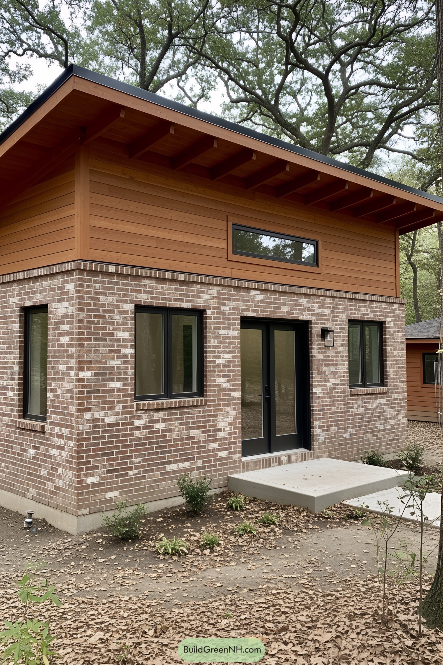 Charming cottage with mixed brick and wood siding