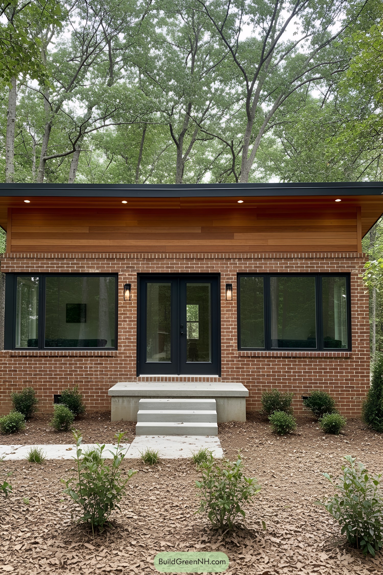 Small cottage with brick and wood siding nestled among trees