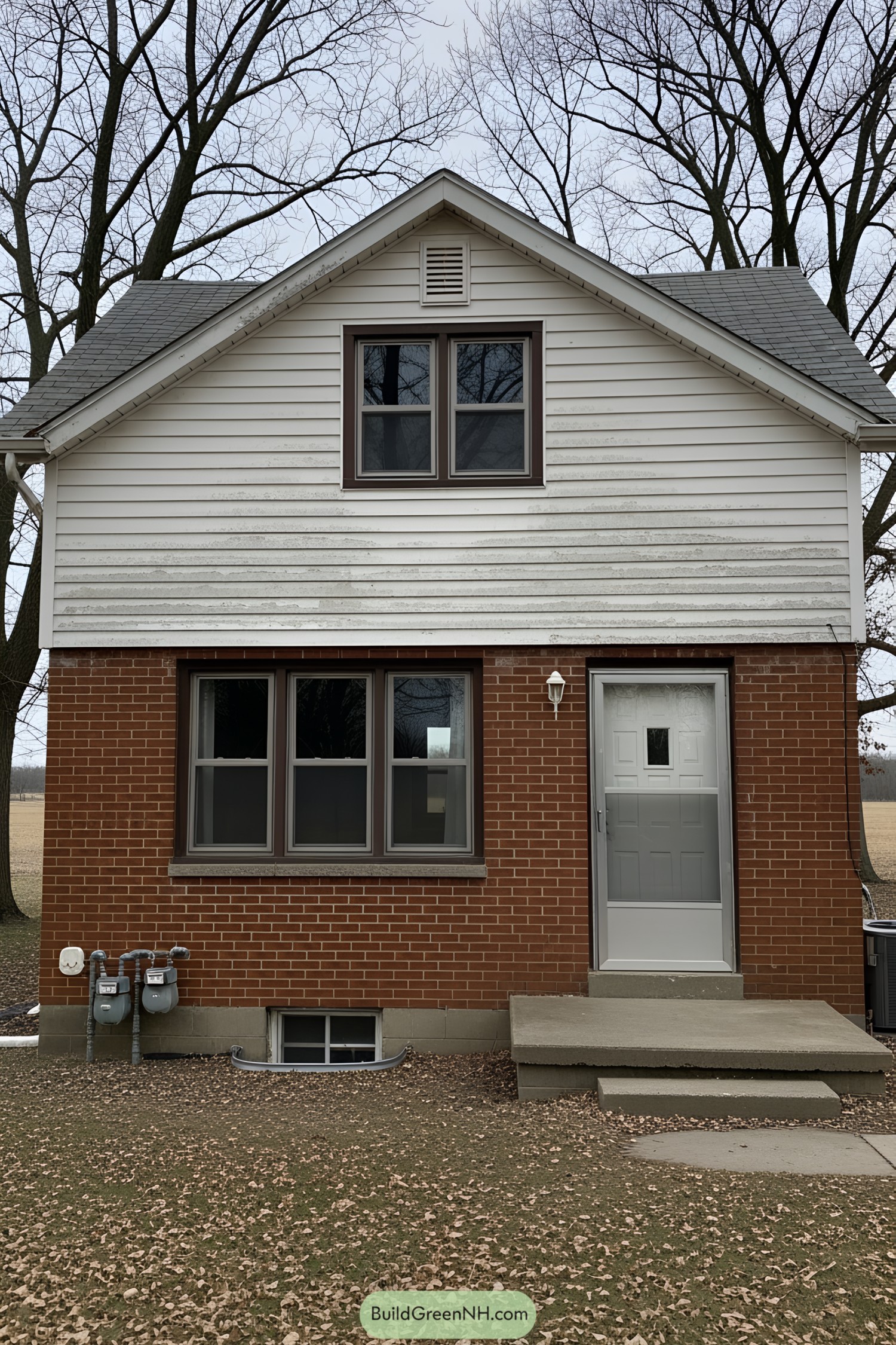 Compact cottage with brick base and wood top siding