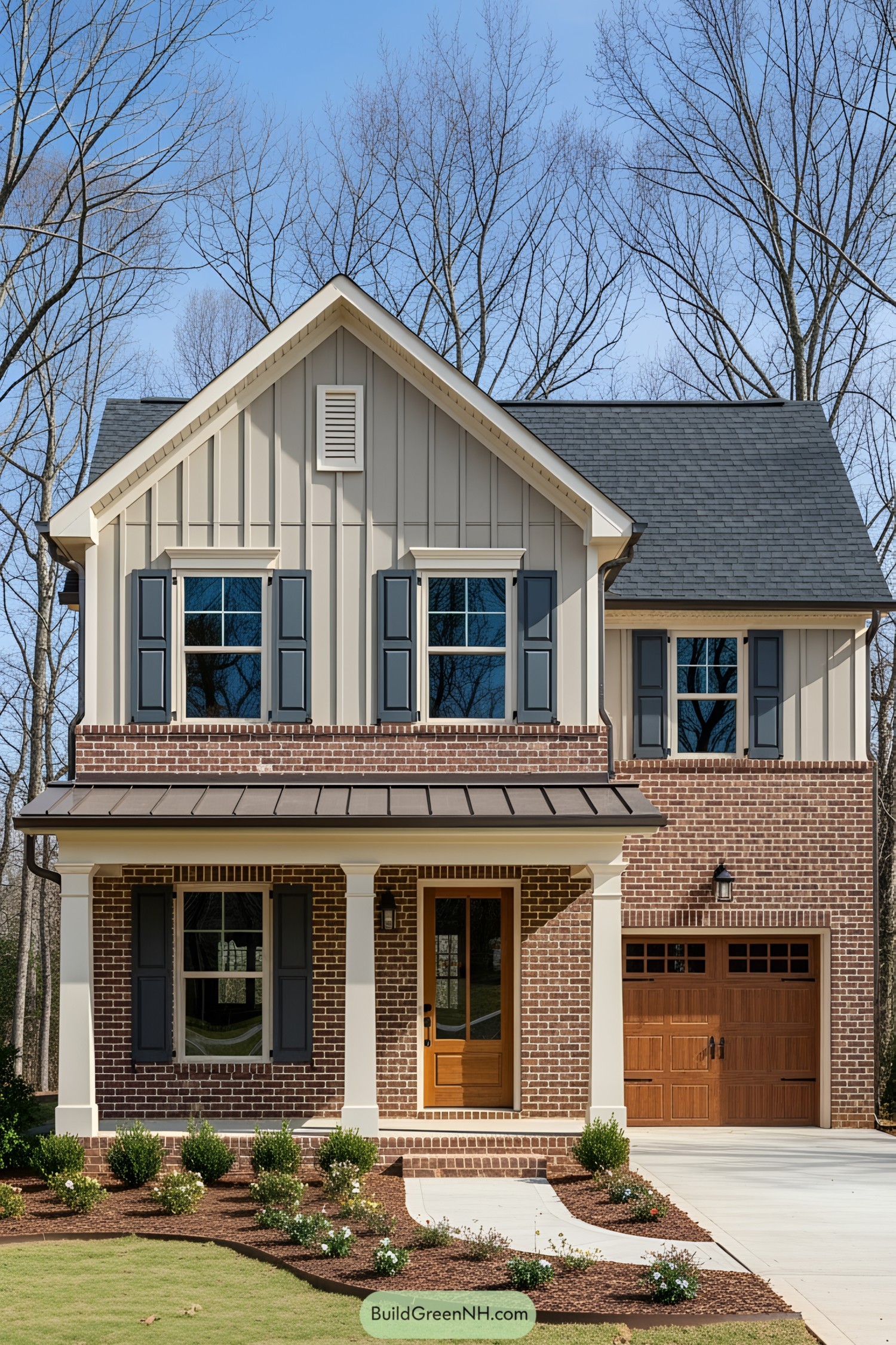 Quaint cottage with mixed brick and wood siding