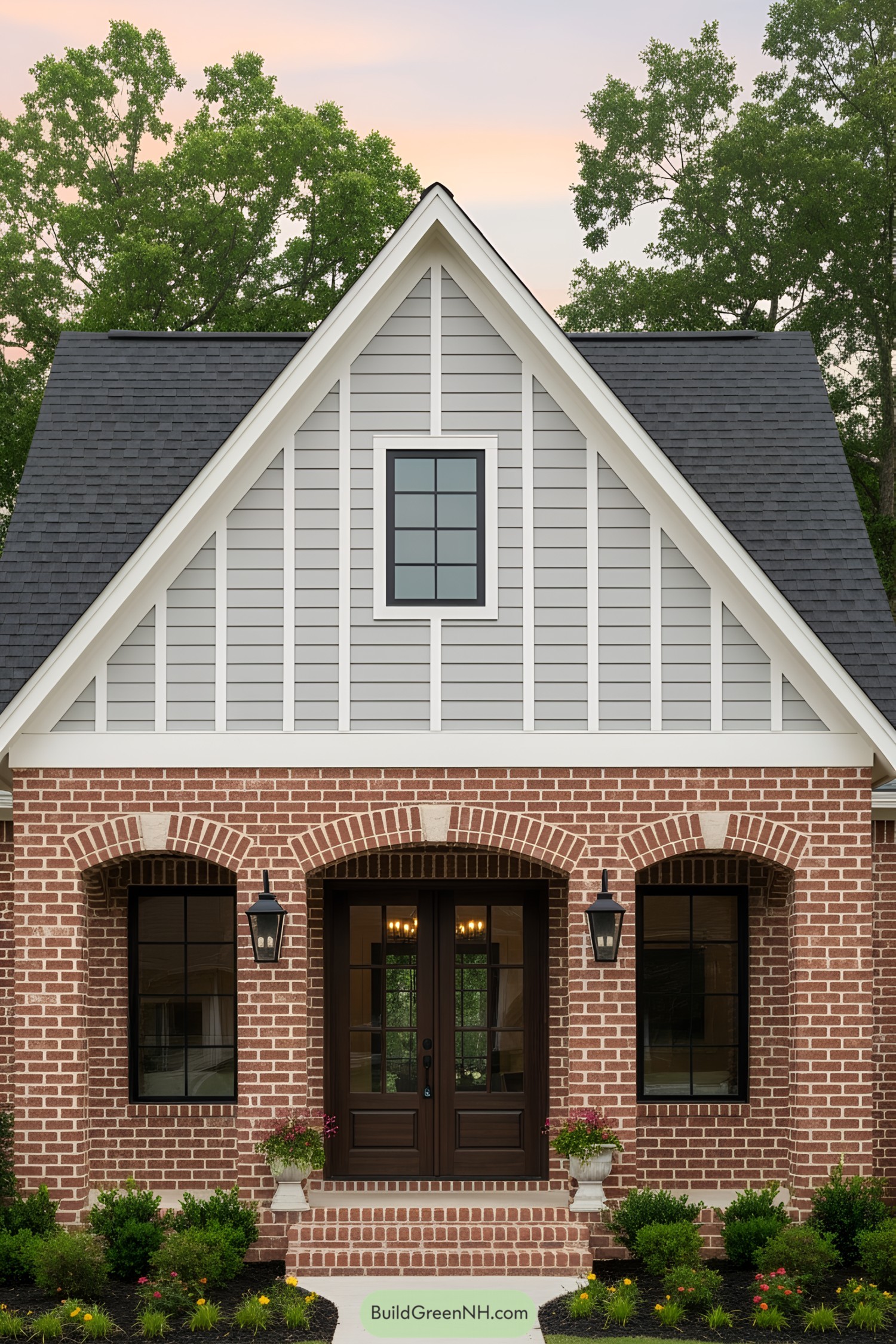 Cottage with brick facade and wooden siding