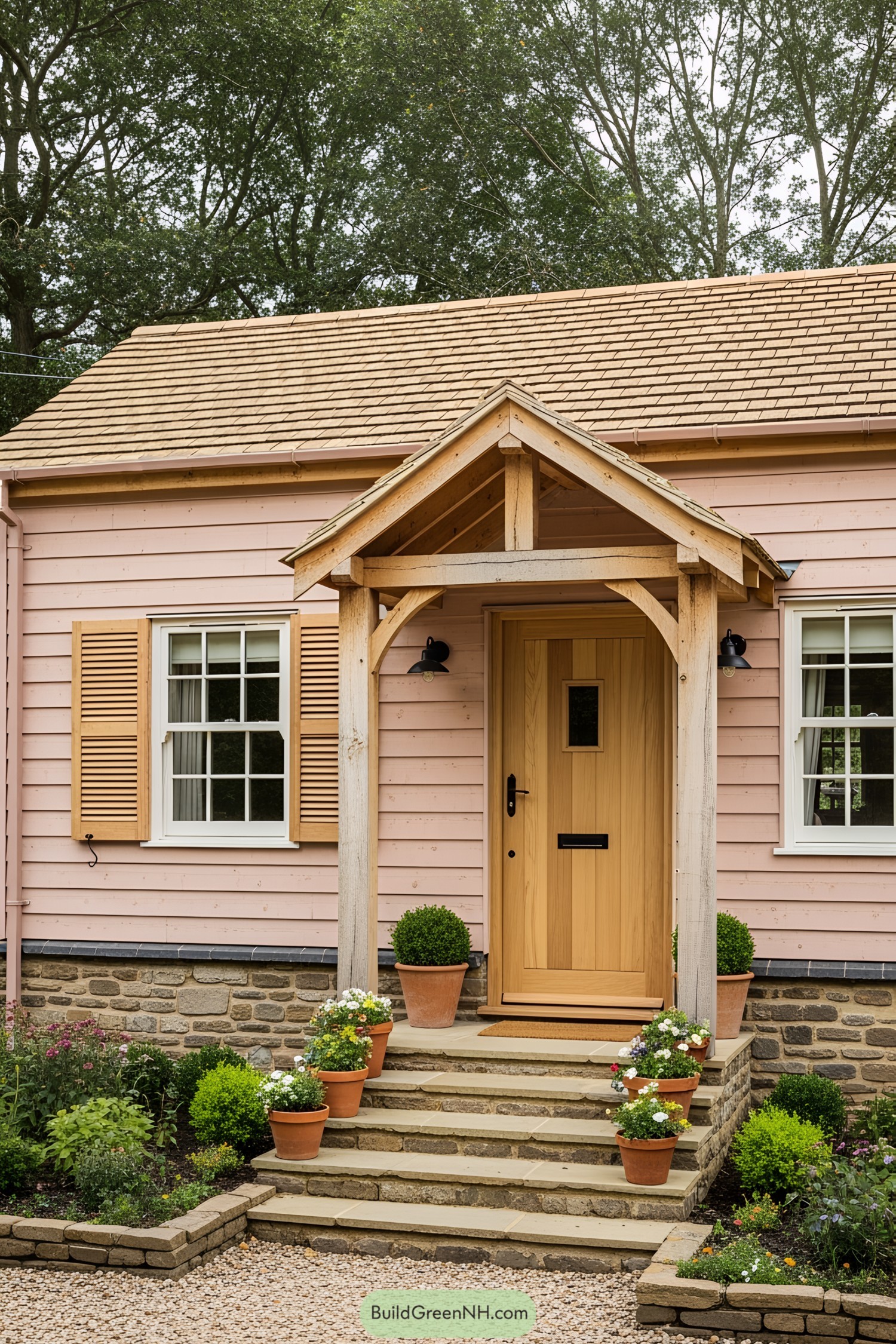 Pink cottage with potted plants and wooden door