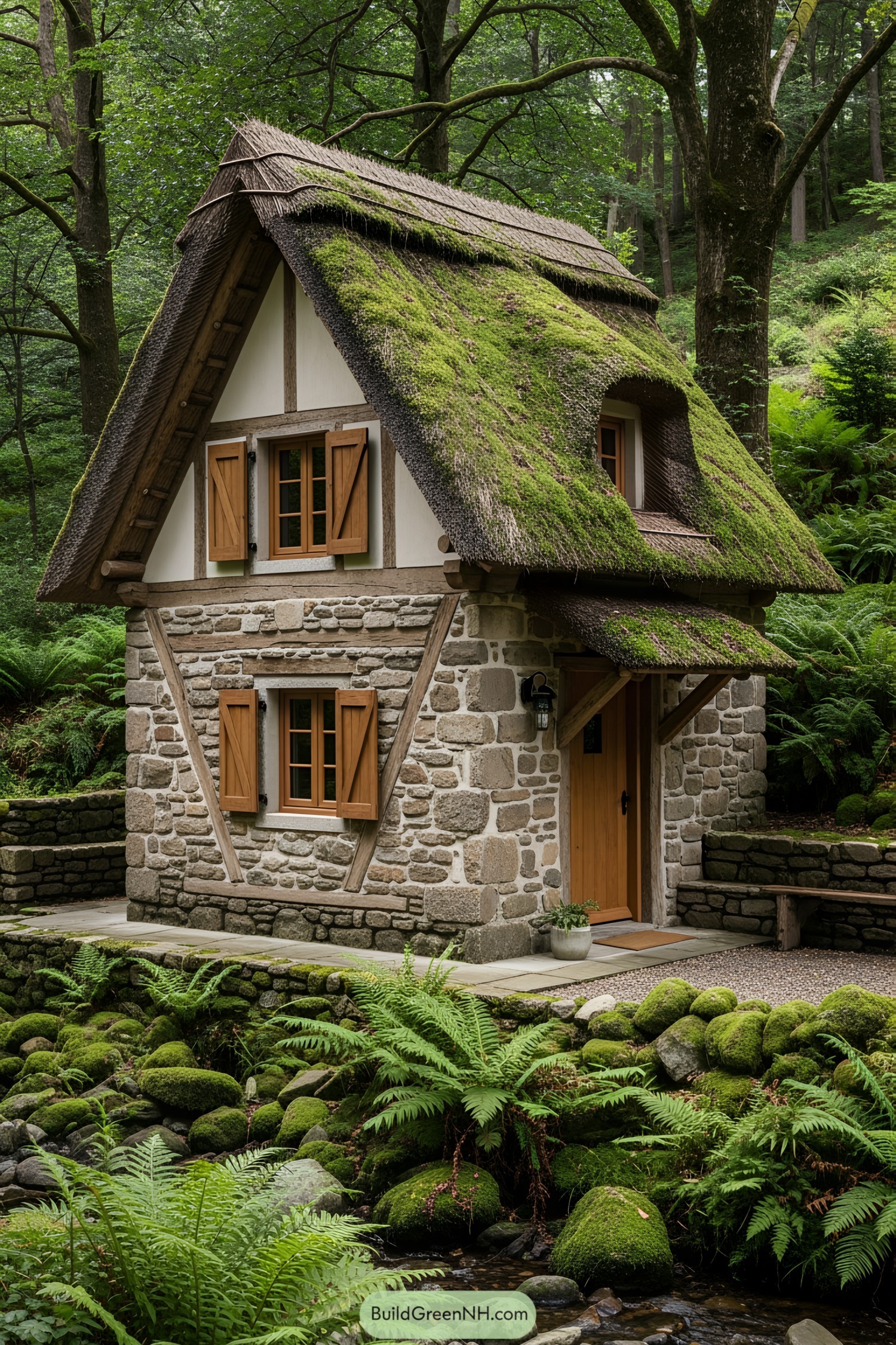 Small stone cottage with a thatched, moss-covered roof