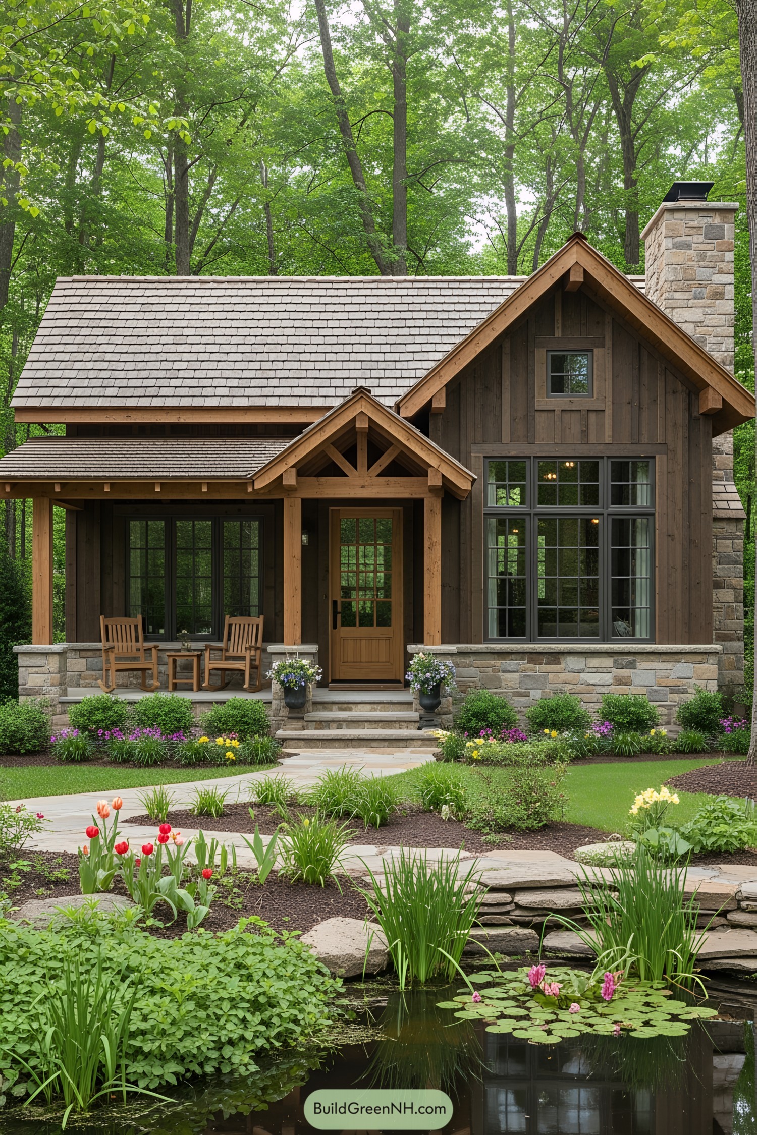 Cozy wooden cottage with a stone foundation and lush garden