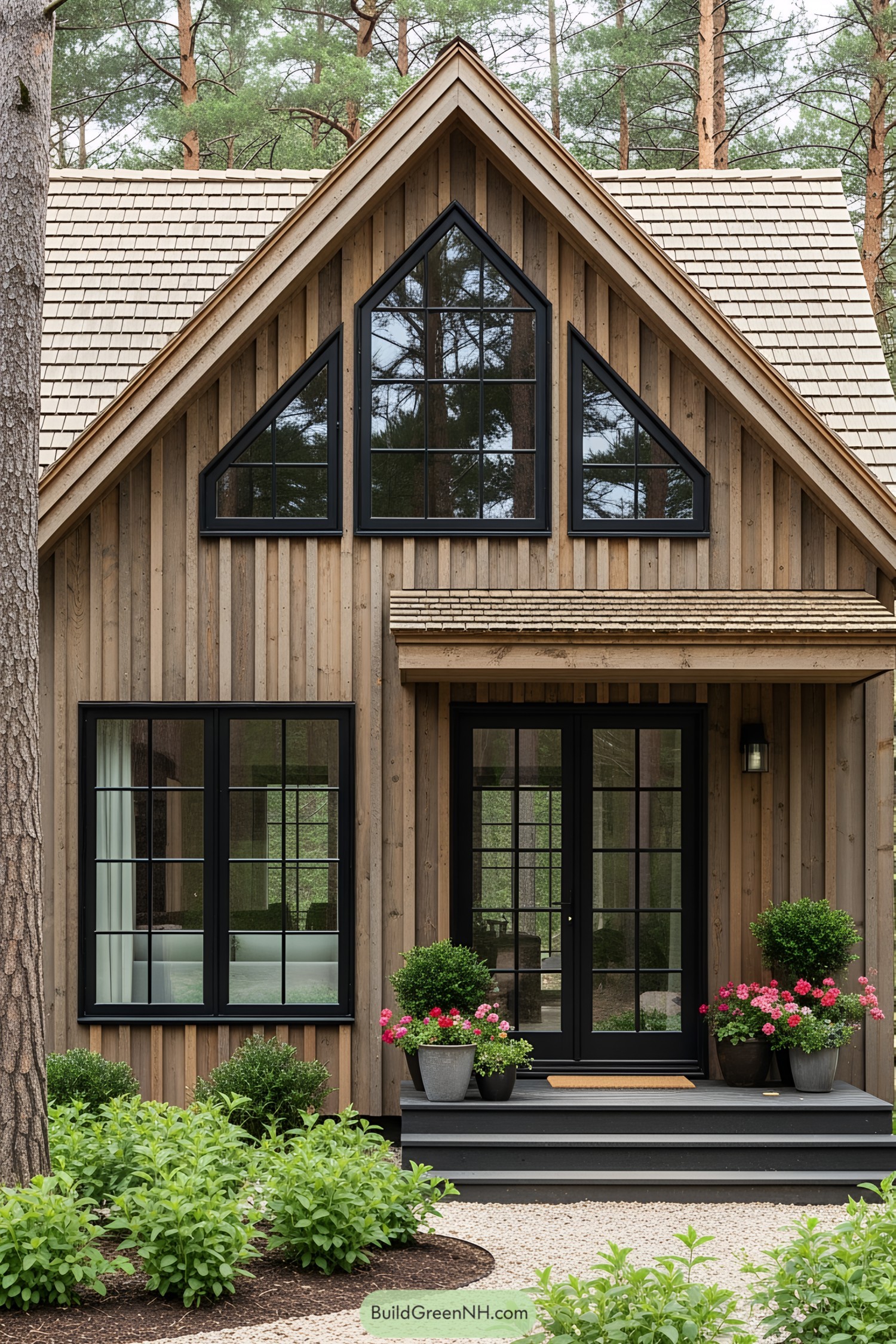 Wooden cottage with triangular windows and black trim