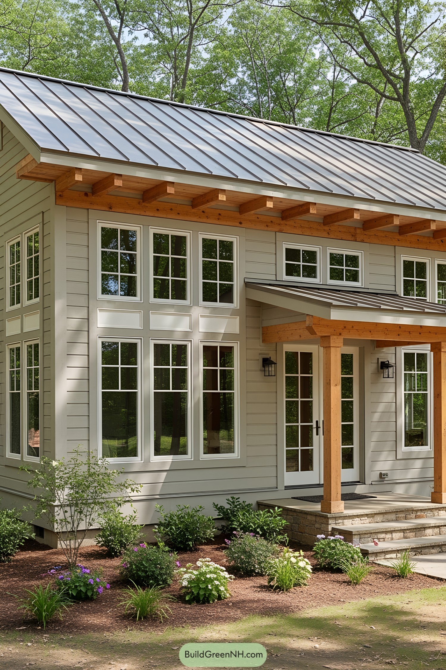 Compact cottage with large windows and wooden accents
