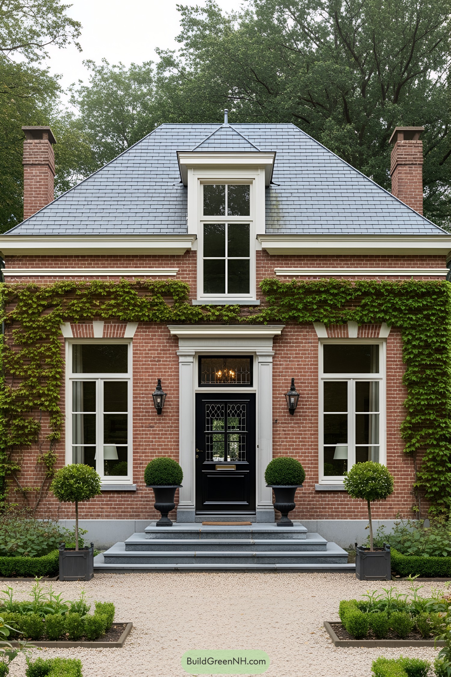 A red brick cottage with a sloped roof, framed by lush greenery