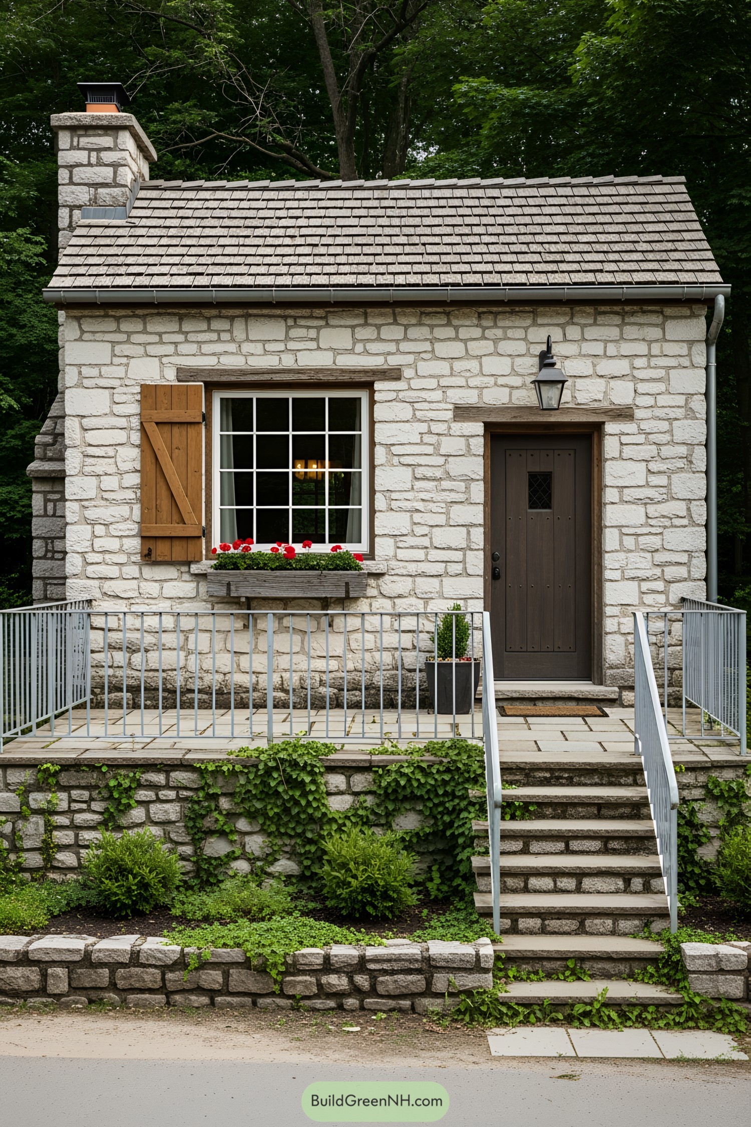 Small stone cottage with a shuttered window and a cozy porch