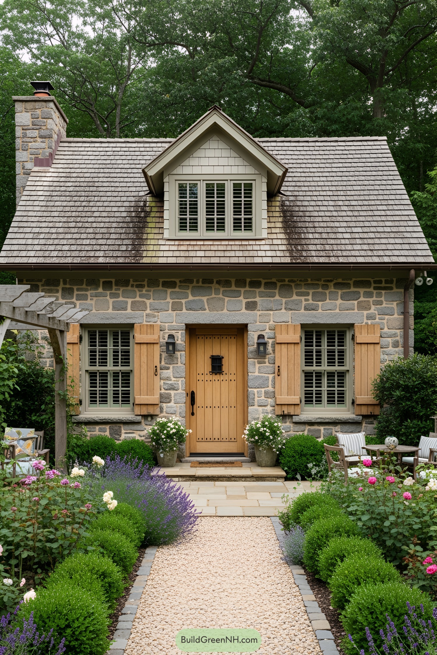 Stone cottage with wooden details and lush garden
