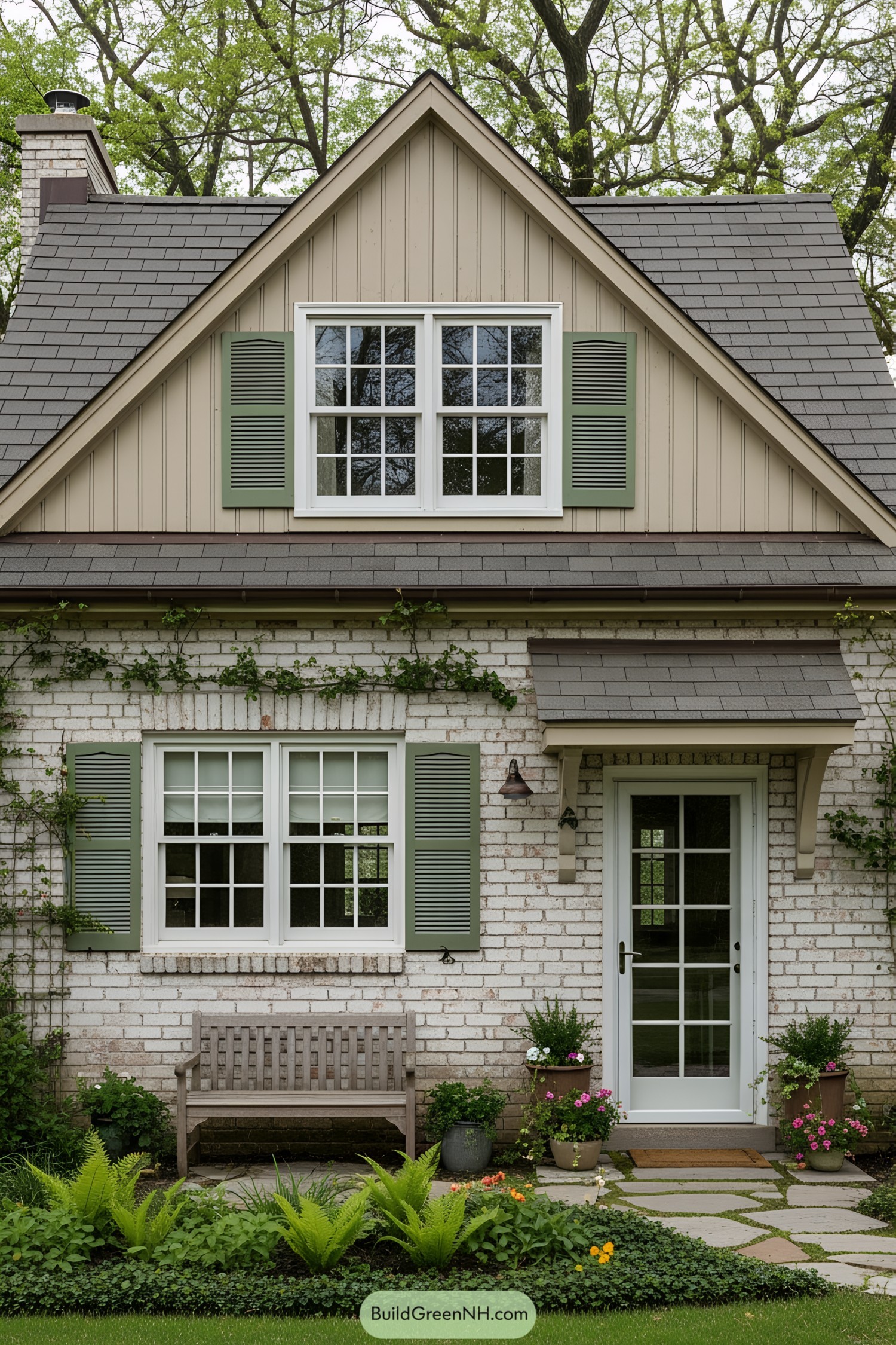 Front view of a charming cottage with green shutters and a cozy bench