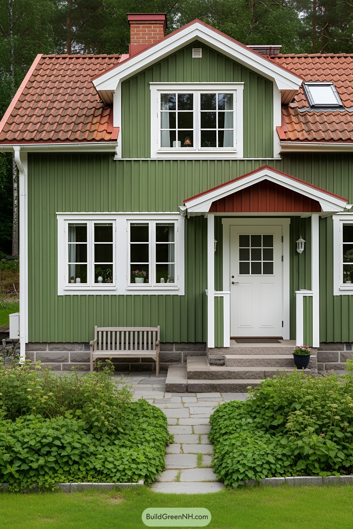 A small green cottage with a red roof and white trim