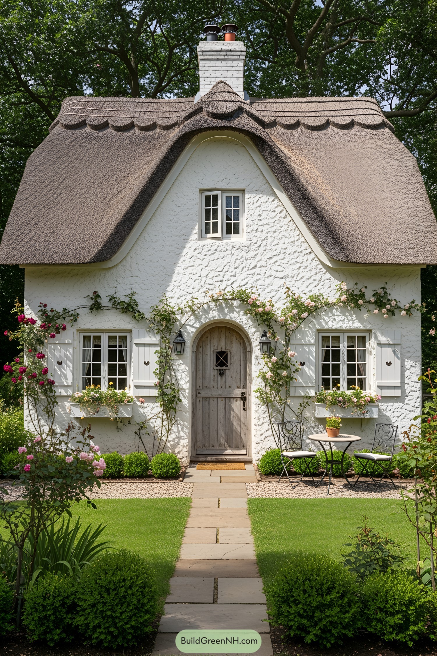 White cottage with a thatched roof and garden