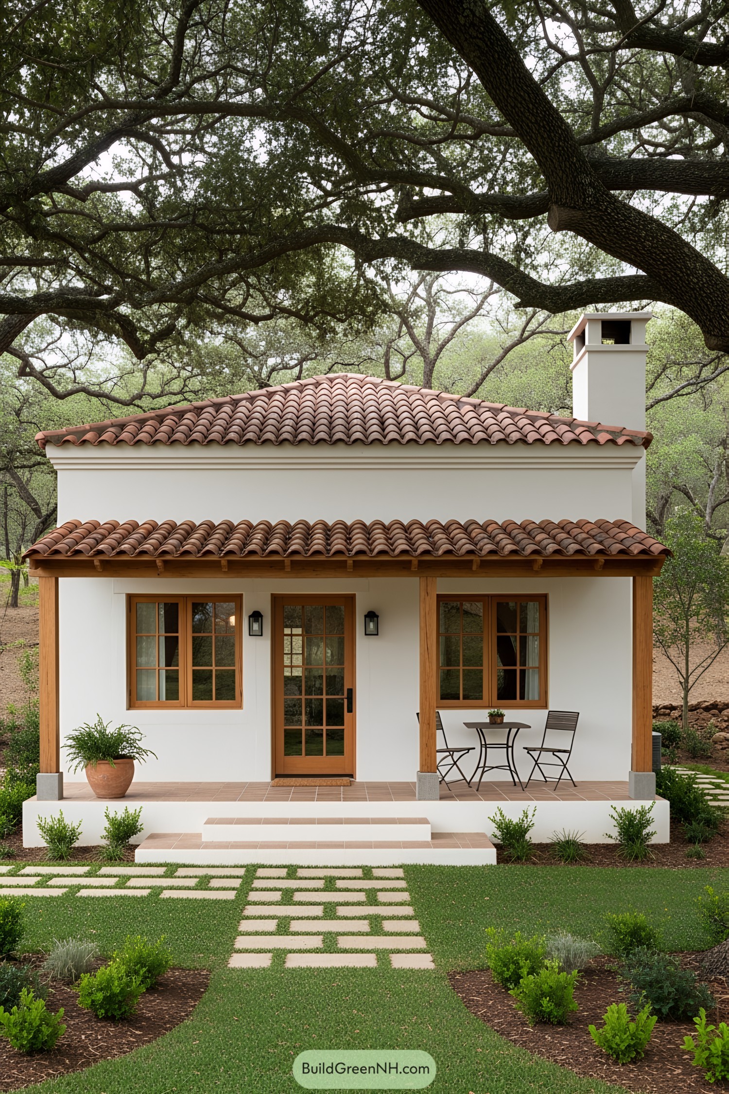 Small white cottage with a red tiled roof and inviting porch