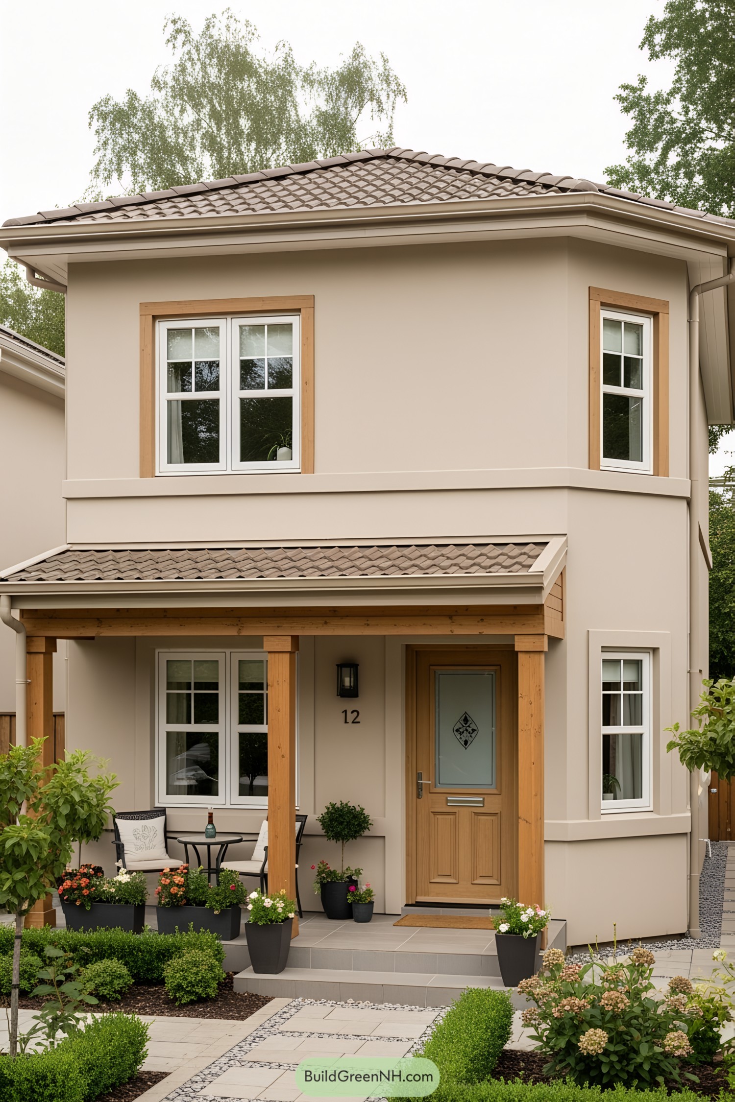 Two-story house with a front porch and potted plants